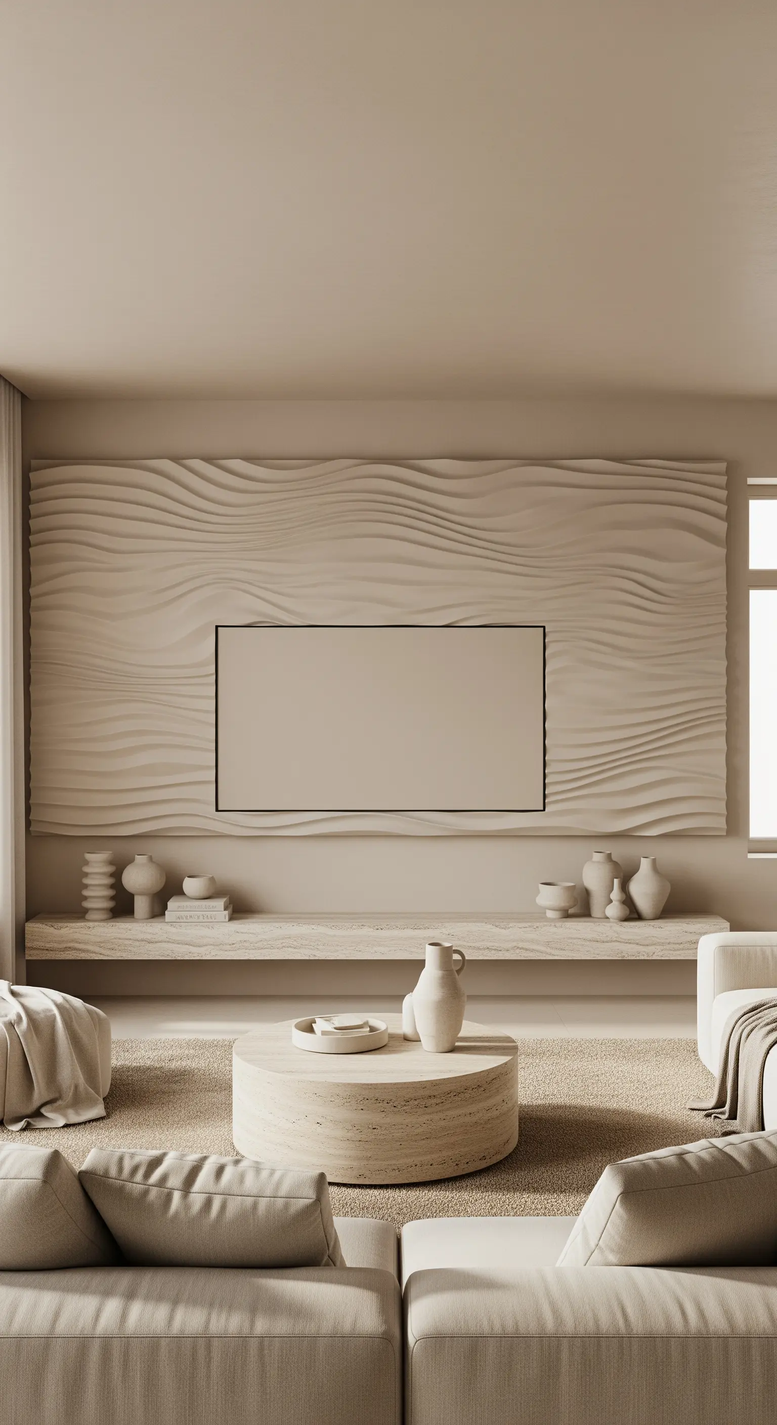 Beige Wand mit 3D-Wellenstruktur und Steinbank