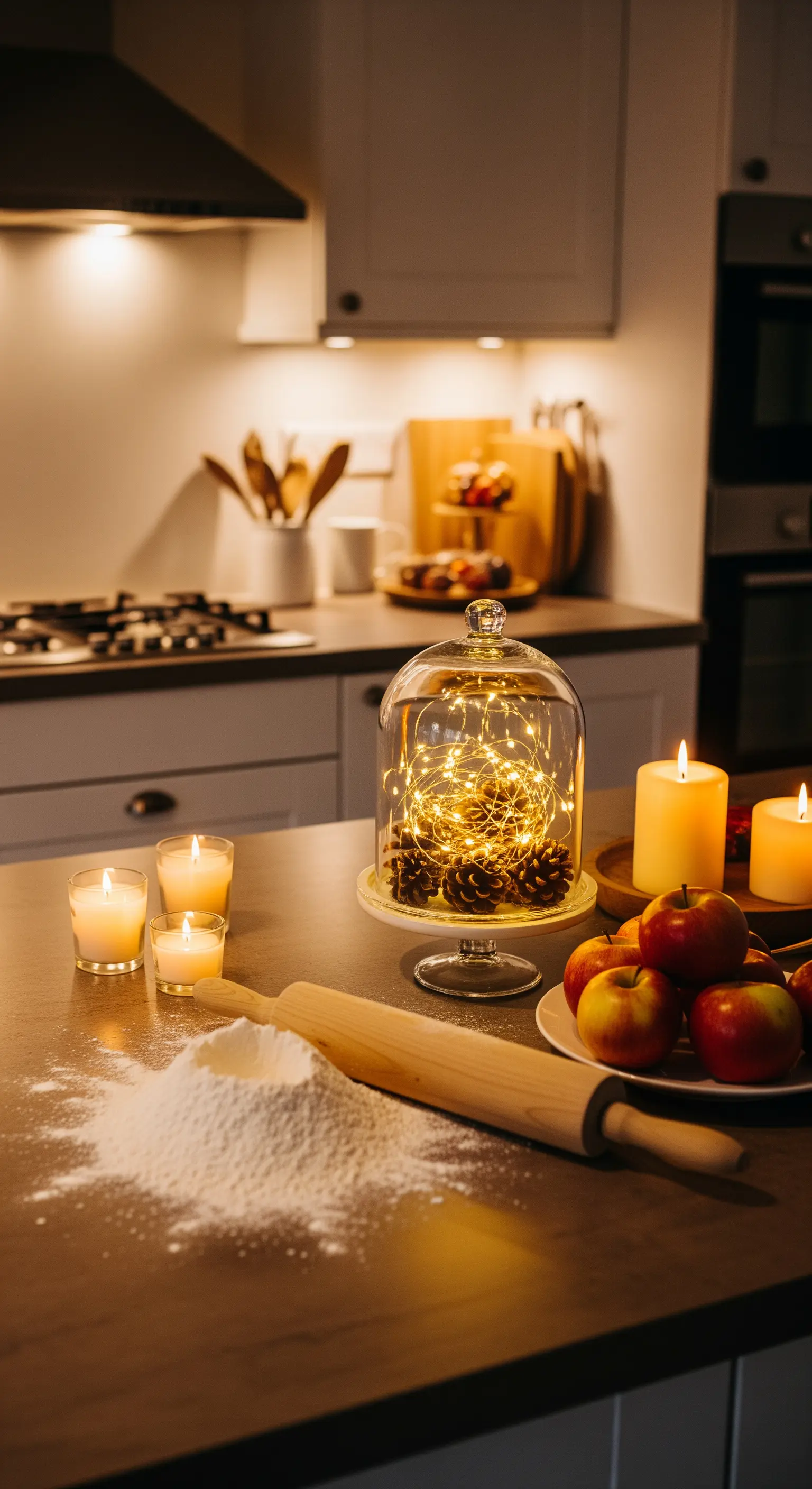 Küchenarbeitsplatte mit Glasglocke, darin Lichterkette und Zapfen, daneben Äpfel und Kerzen