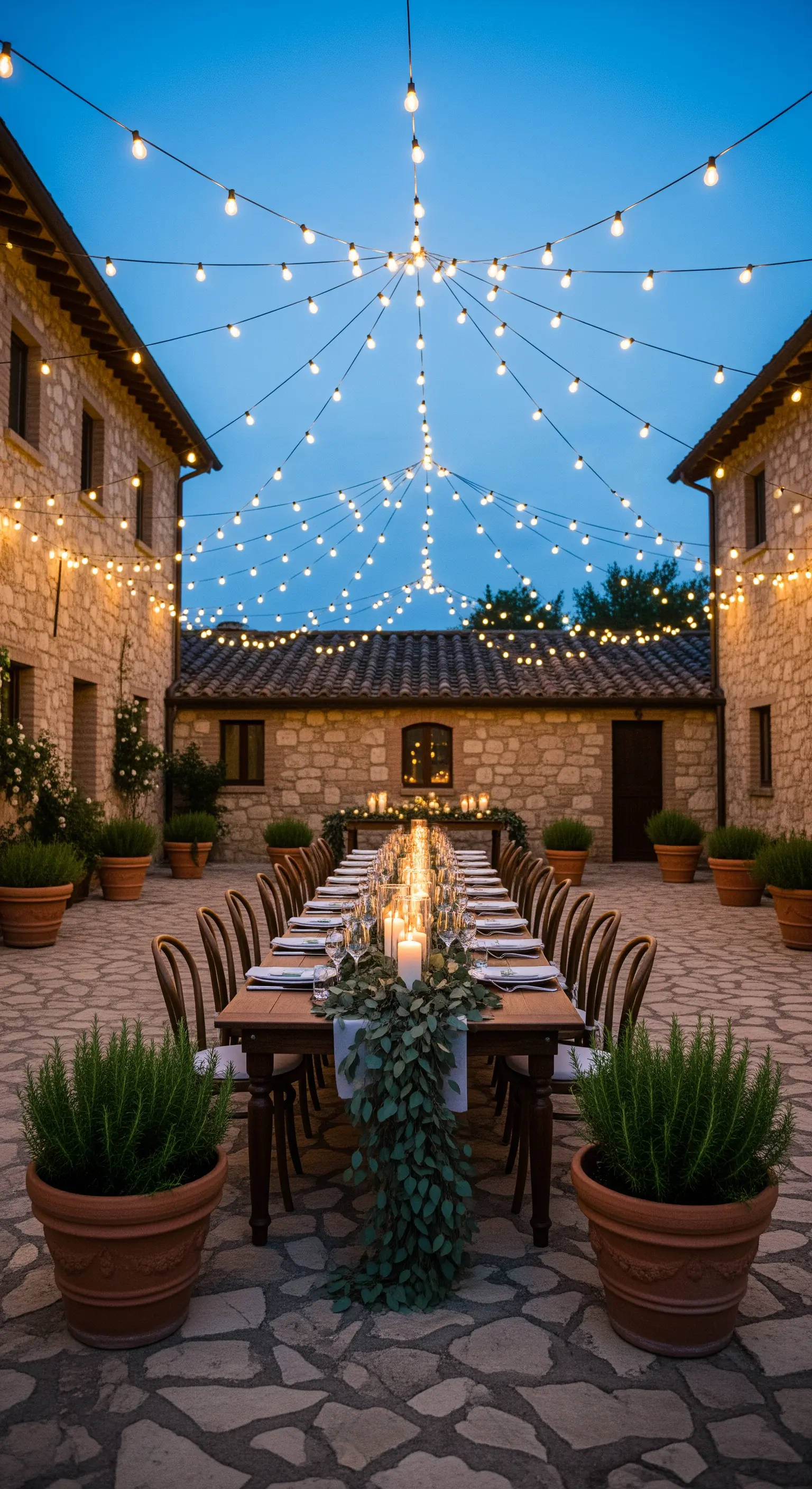 Innenhof mit strahlenförmig gespannten Lichterketten über langer Tafel