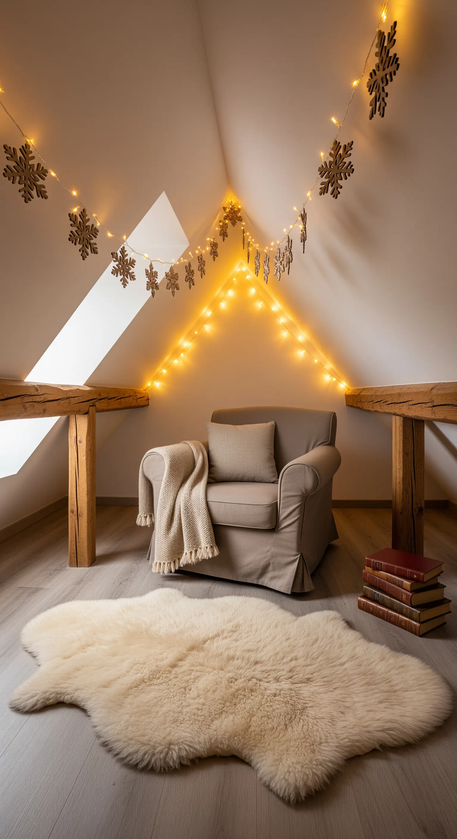 Dachschrägen-Nische mit Lichterketten an Holzbalken und Sessel