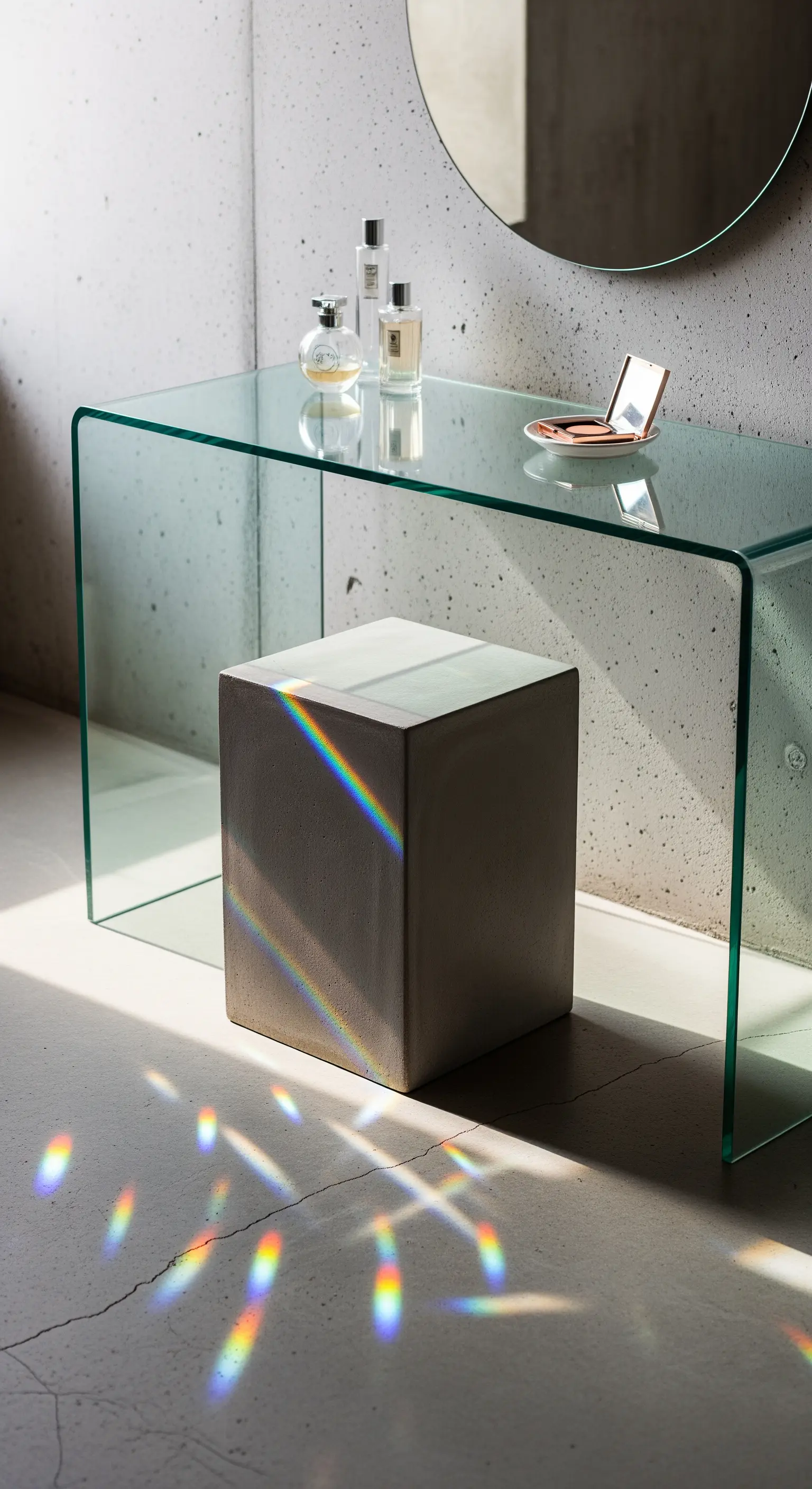 Lichtbrechung und Regenbogen auf Betonblock und Glastisch