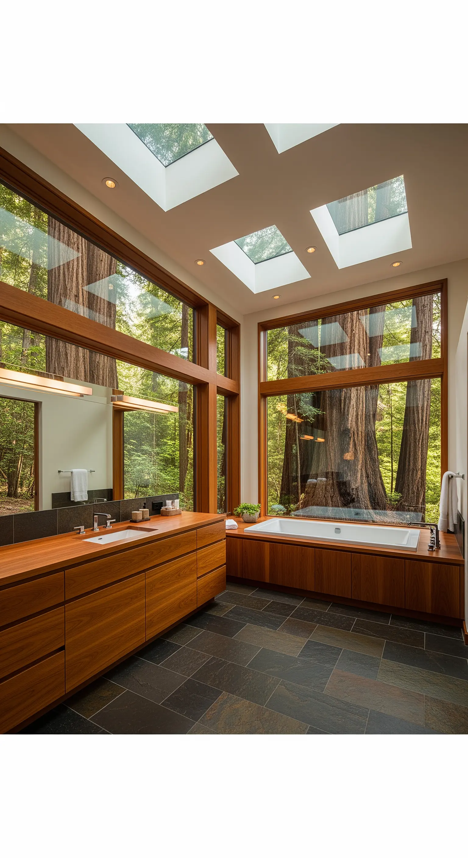 Bad mit vielen Fenstern, Oberlichtern und warmen Holzmöbeln im Wald