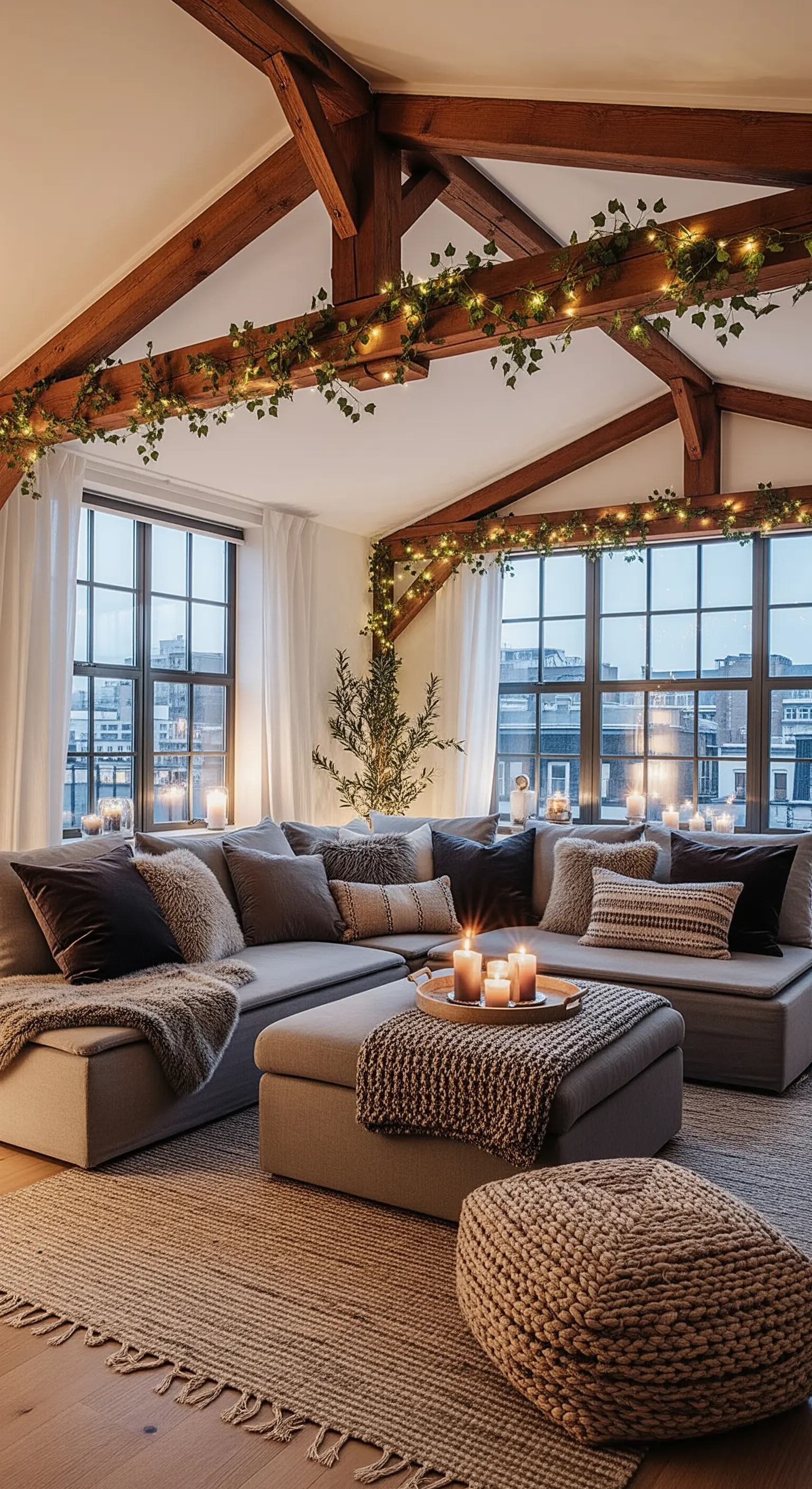 Wohnzimmer mit großen Fenstern, Lichtergirlande und Kerzen