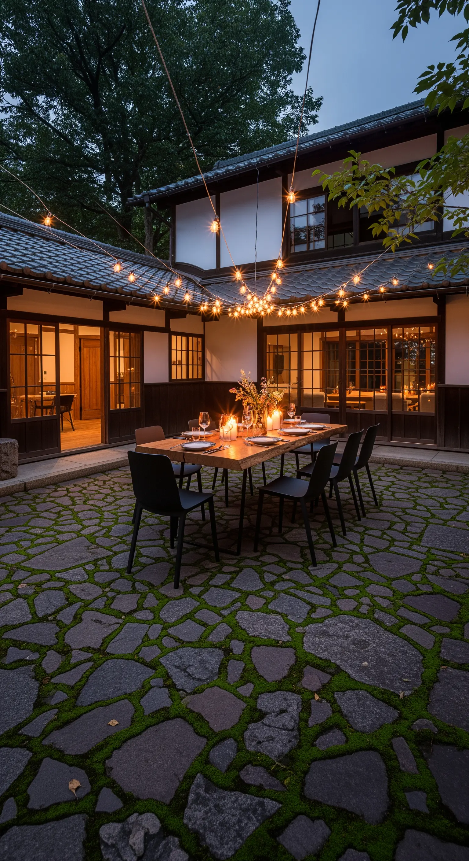 Innenhof bei Dämmerung mit Lichterketten über Esstisch