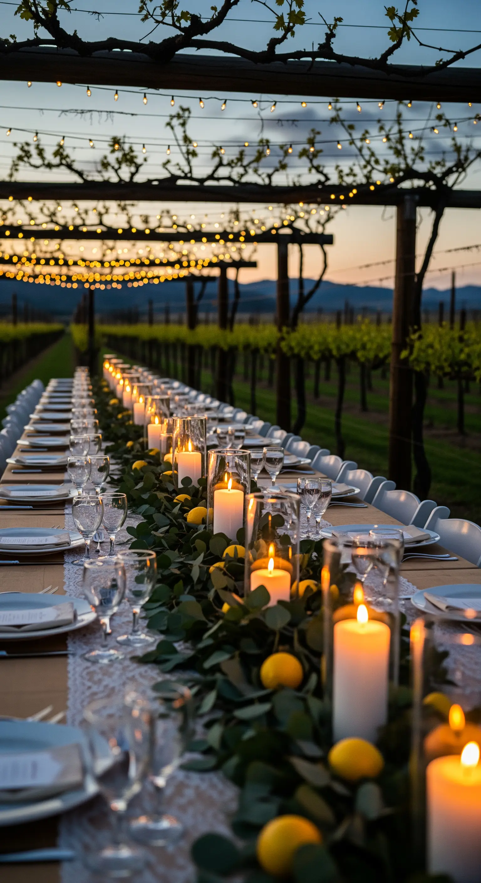 Lange Tafel unter Pergola mit vielen Lichterketten