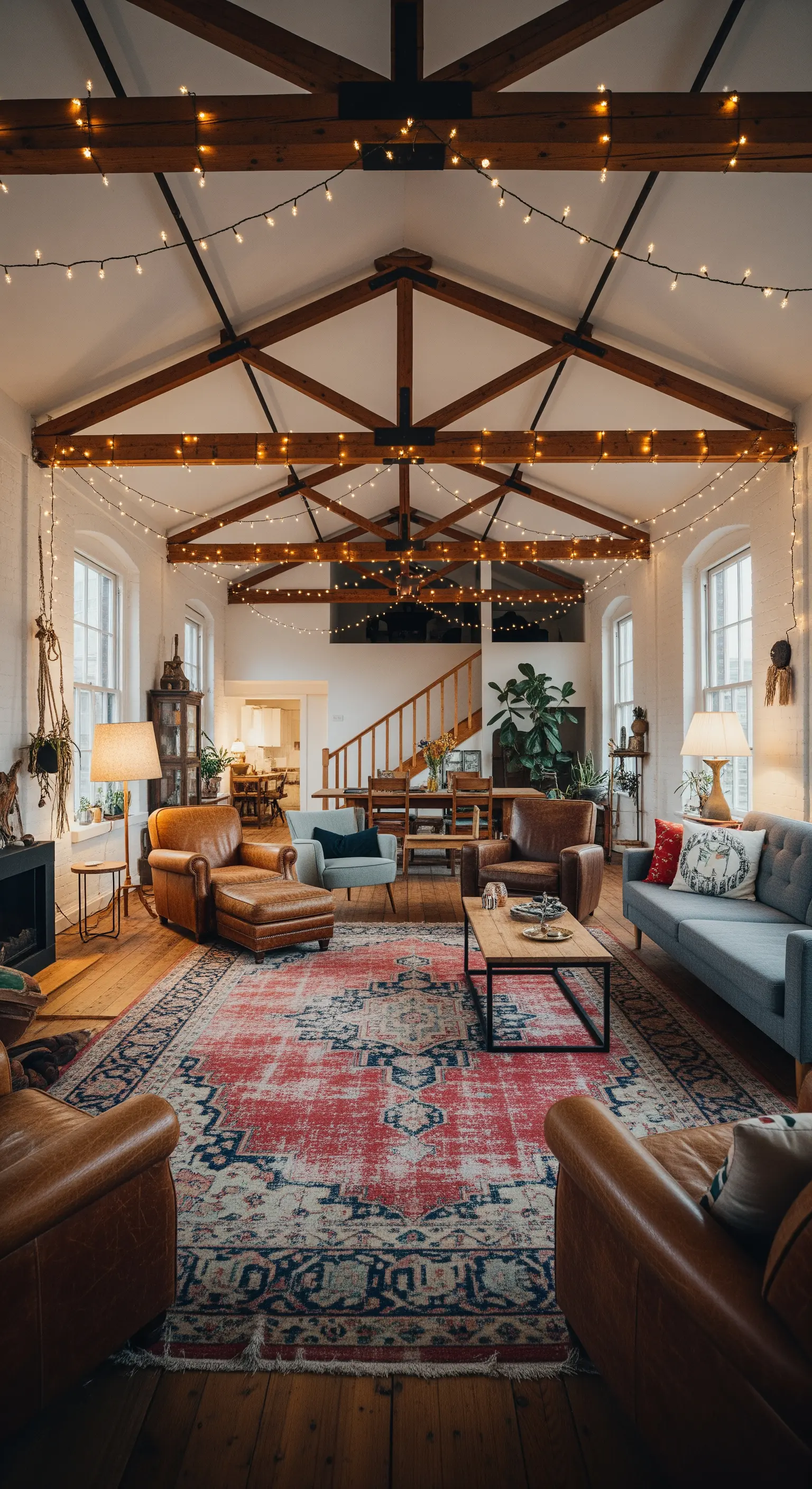 Loft mit hohen Holzbalken und vielen Lichterketten an der Decke