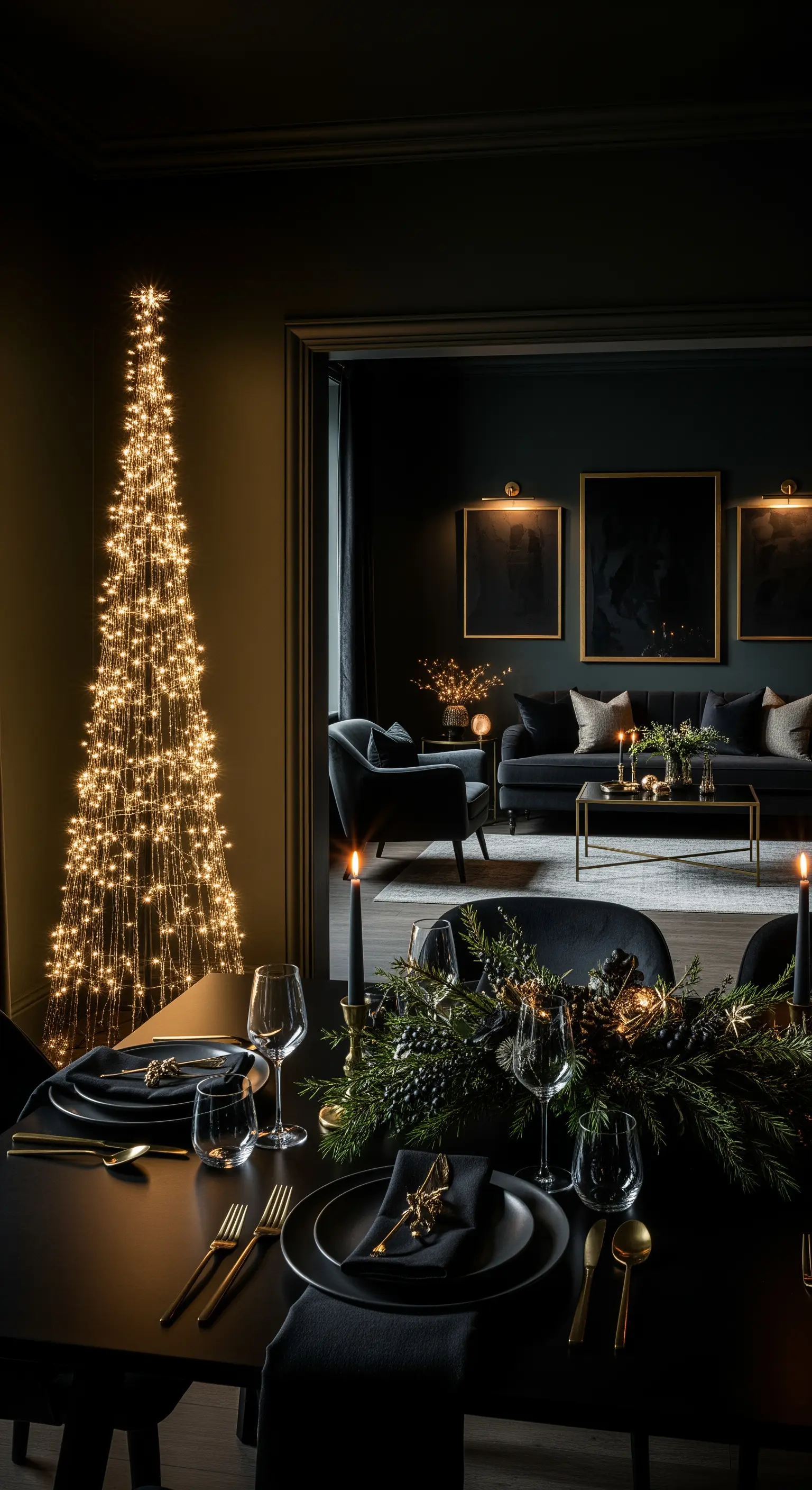 Abstrakter Lichterbaum in Kegelform im dunklen Esszimmer