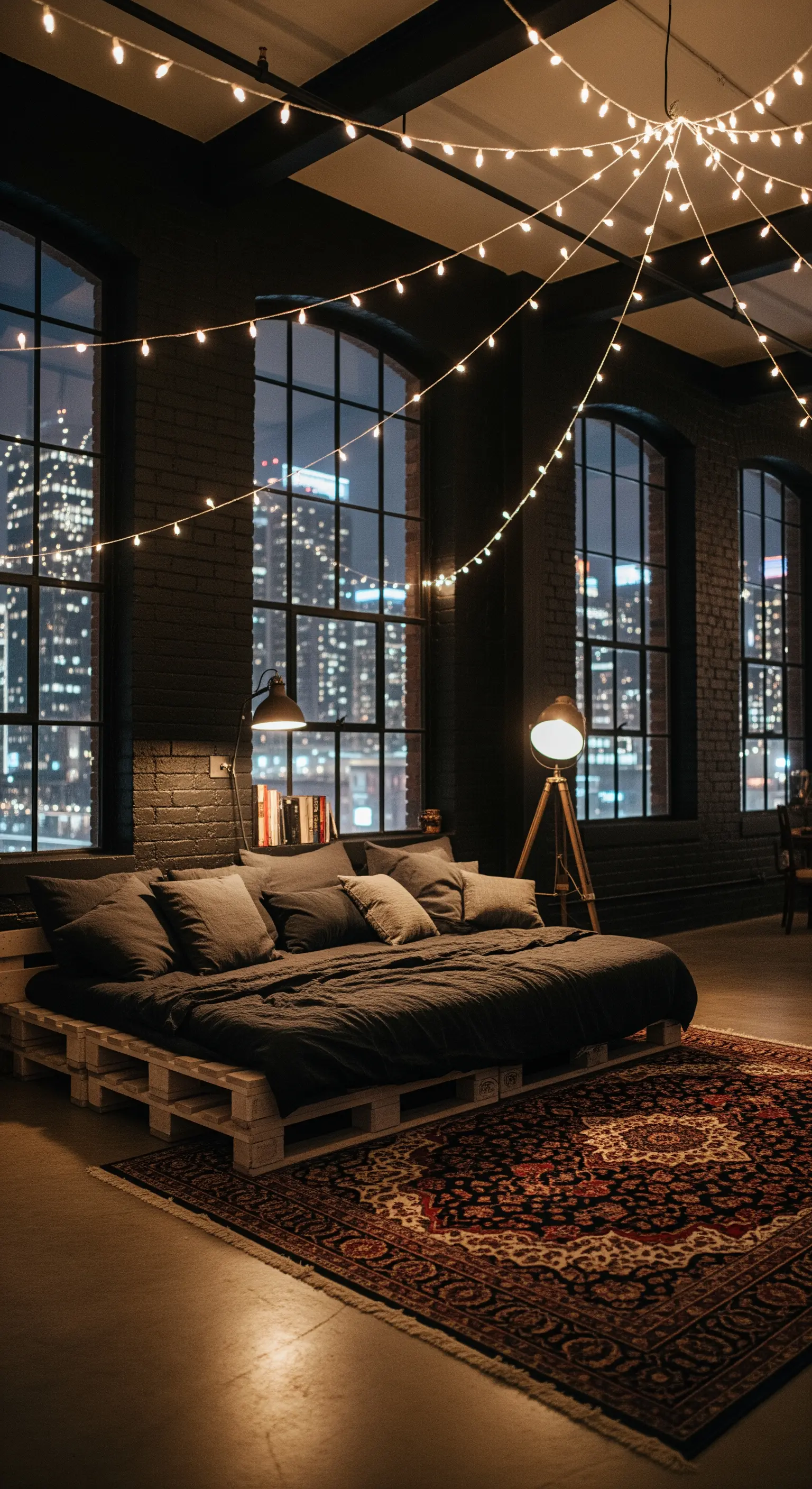 Loft mit hohen Fenstern und vielen Lichterketten an der Decke