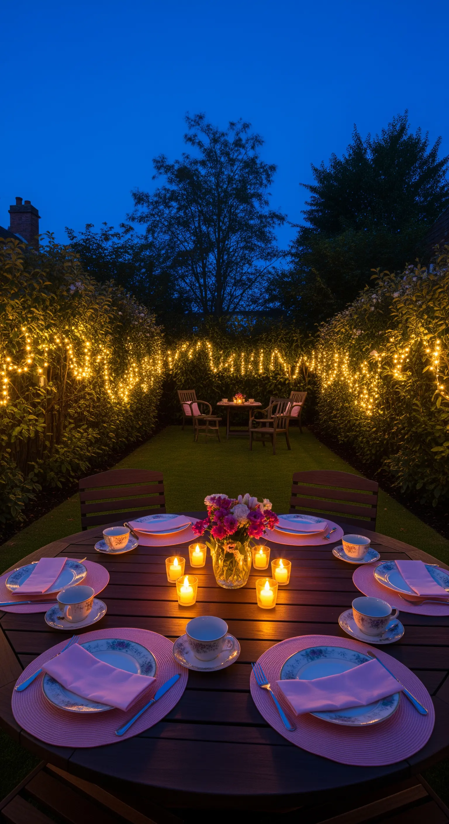 Abendliche Tafel im Garten umgeben von heckenhohen Lichterketten
