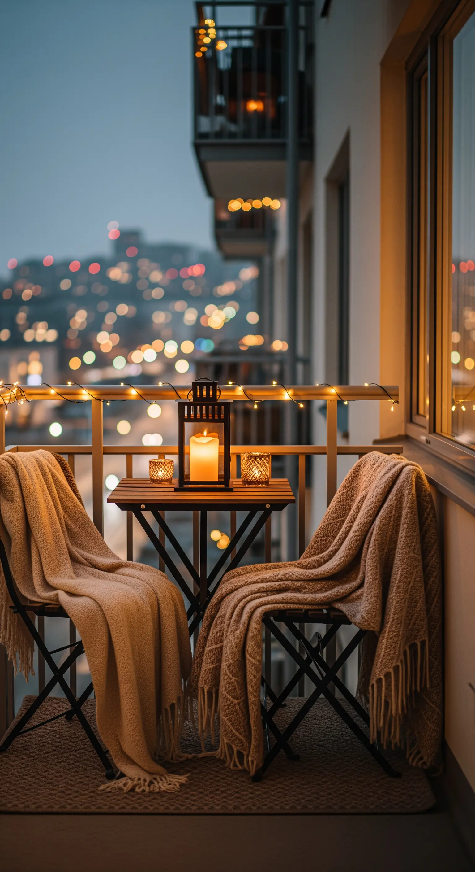 Balkon bei Dämmerung mit Laterne und Decken