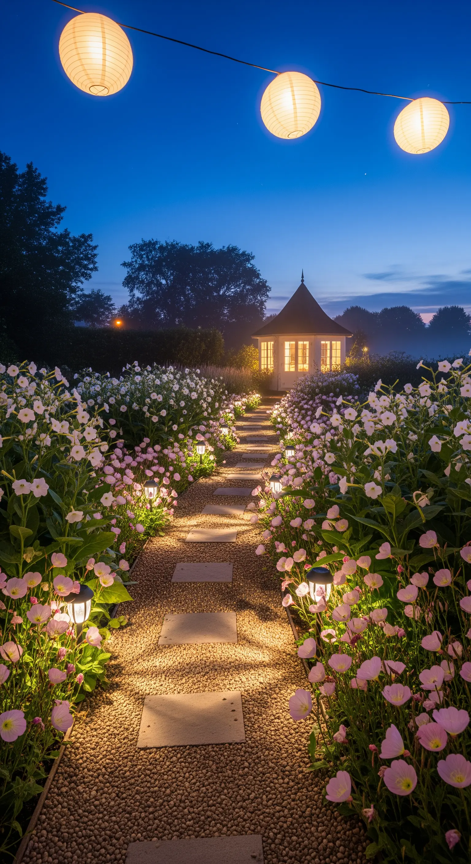 Beleuchteter Gartenweg am Abend