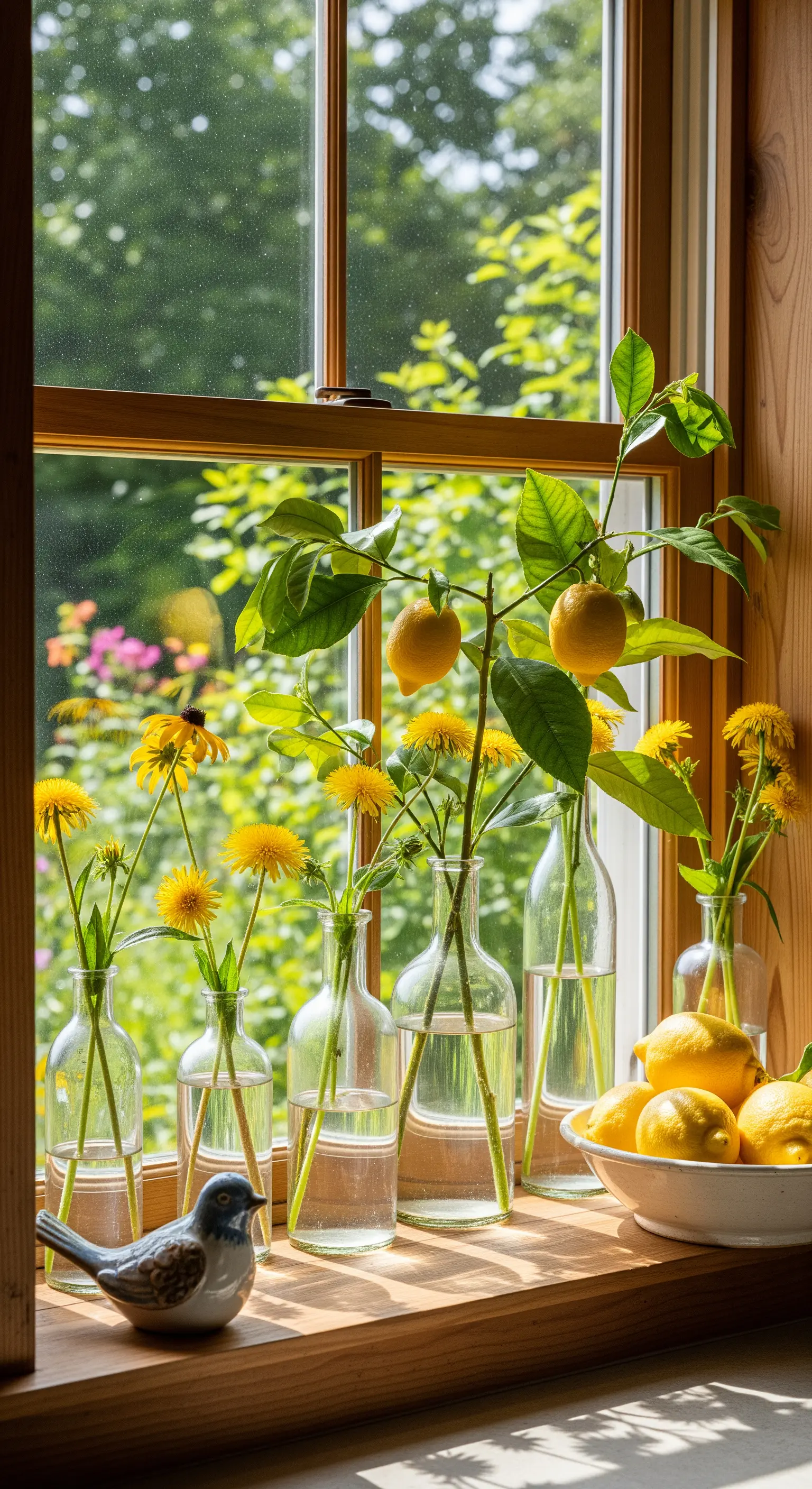 Fensterbank mit Glasflaschen, gelben Blumen und Zitronen