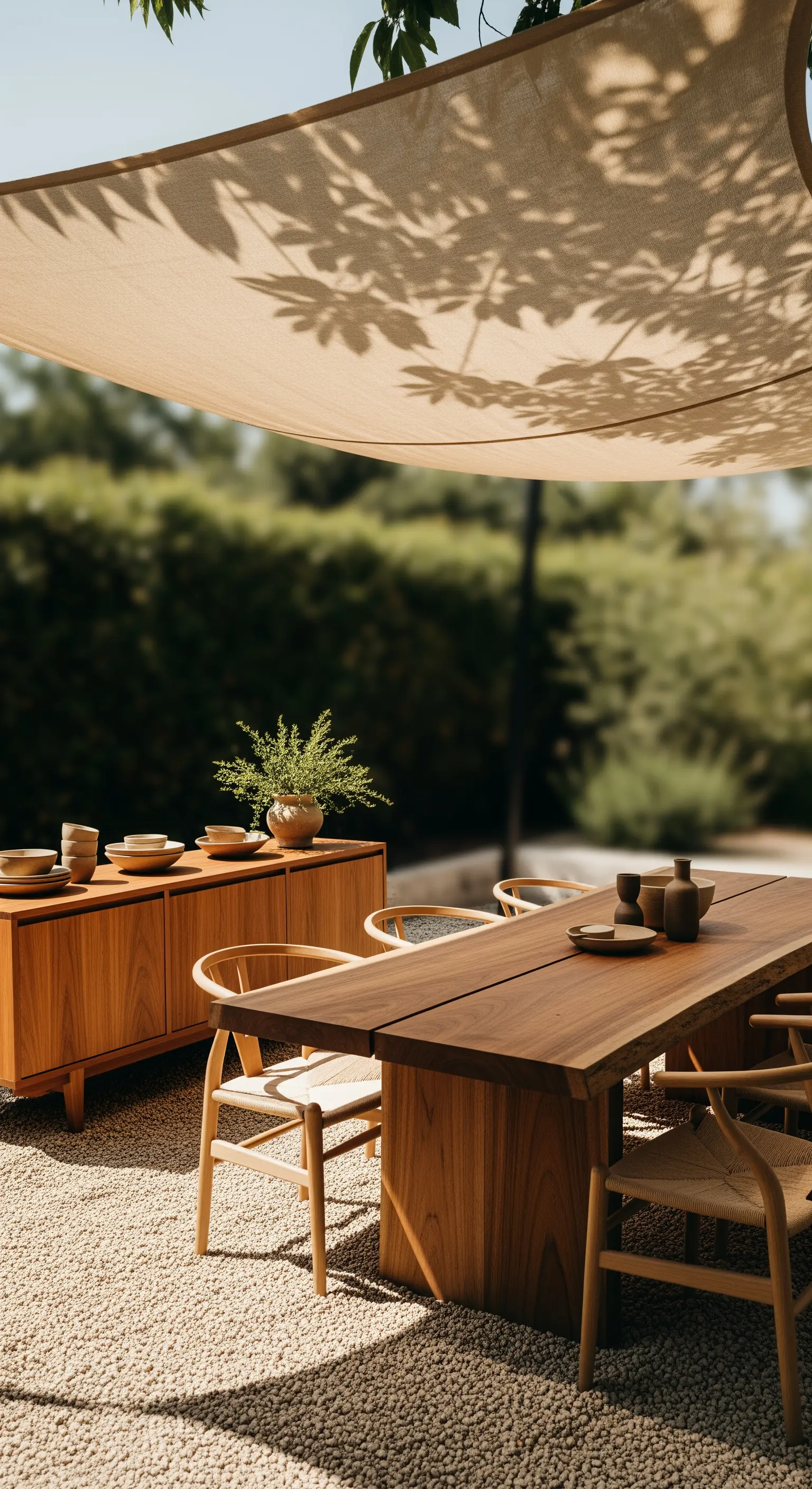 Beiges Sonnensegel über massivem Holztisch wirft Baumschatten