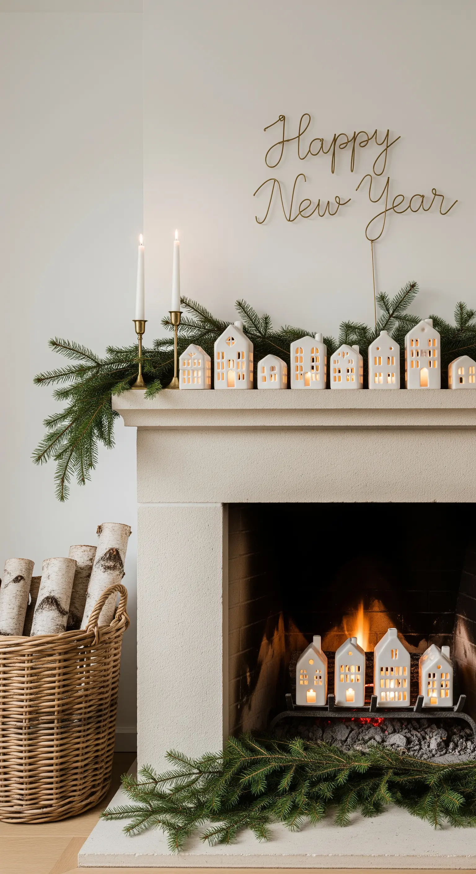 Weißes Lichthaus-Dorf auf Kaminsims