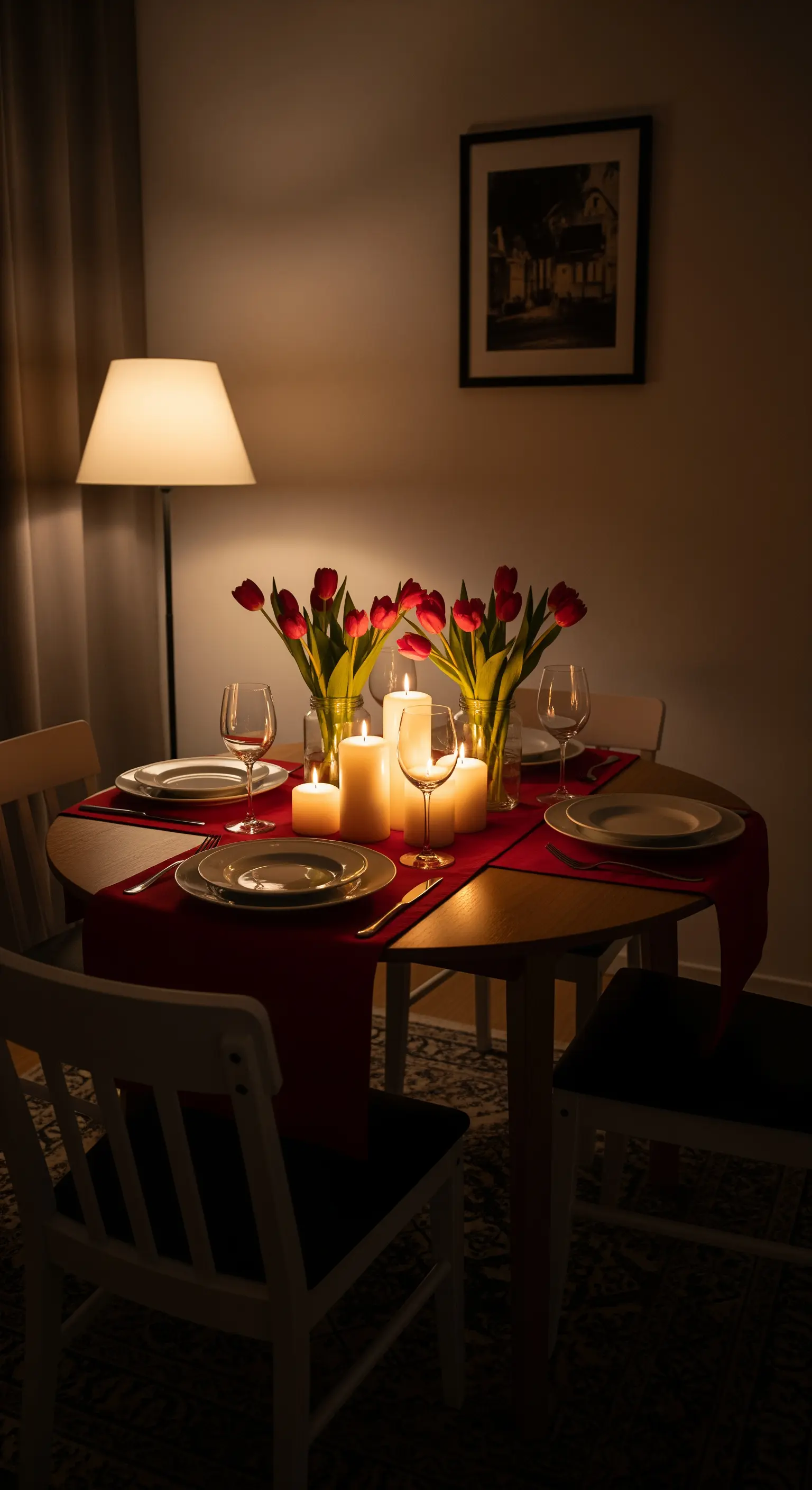 Romantisches Dinner-Setting bei Kerzenschein mit roten Tulpen