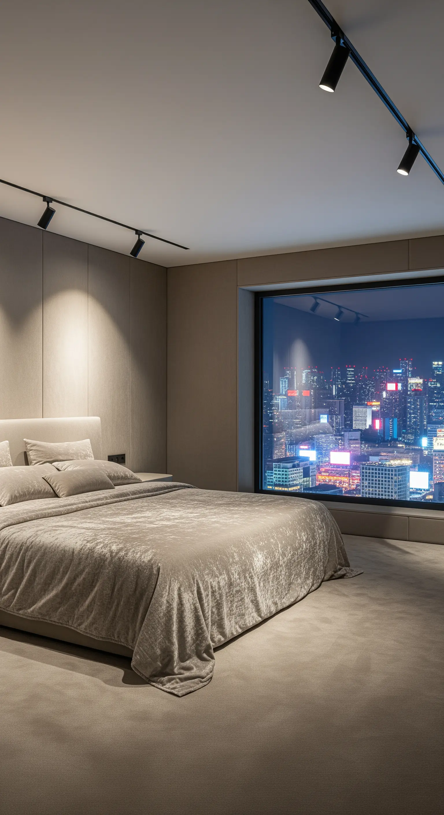 Modernes graues Schlafzimmer mit technischer Schienenbeleuchtung an der Decke