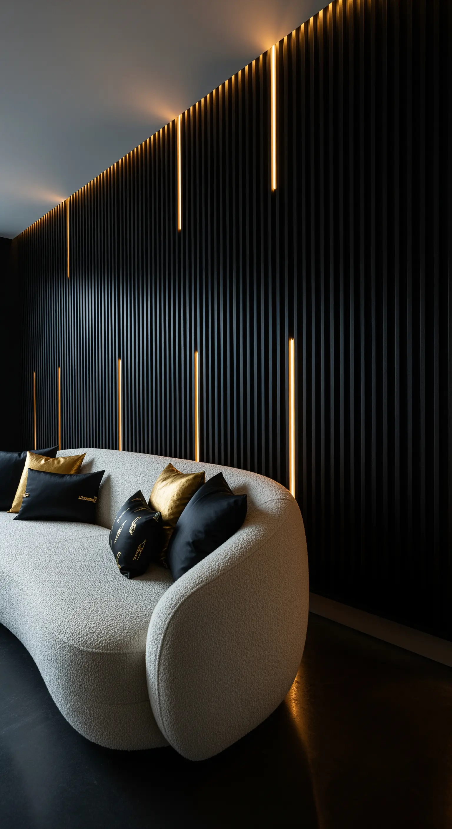 Schwarze Lamellenwand mit integrierten LED-Streifen und weißem Sofa