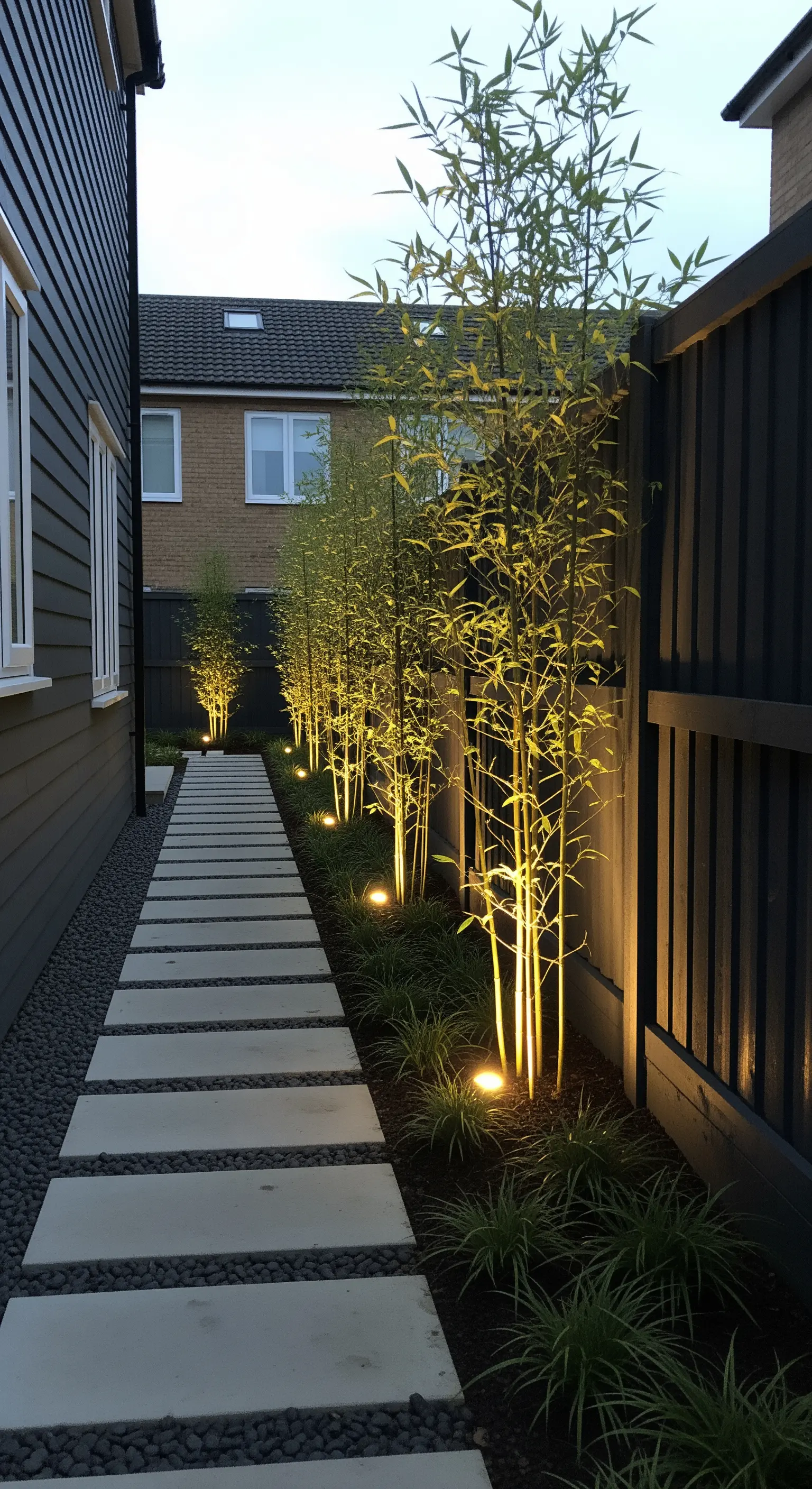 Beleuchteter Gartenweg flankiert von Bambus bei Dämmerung
