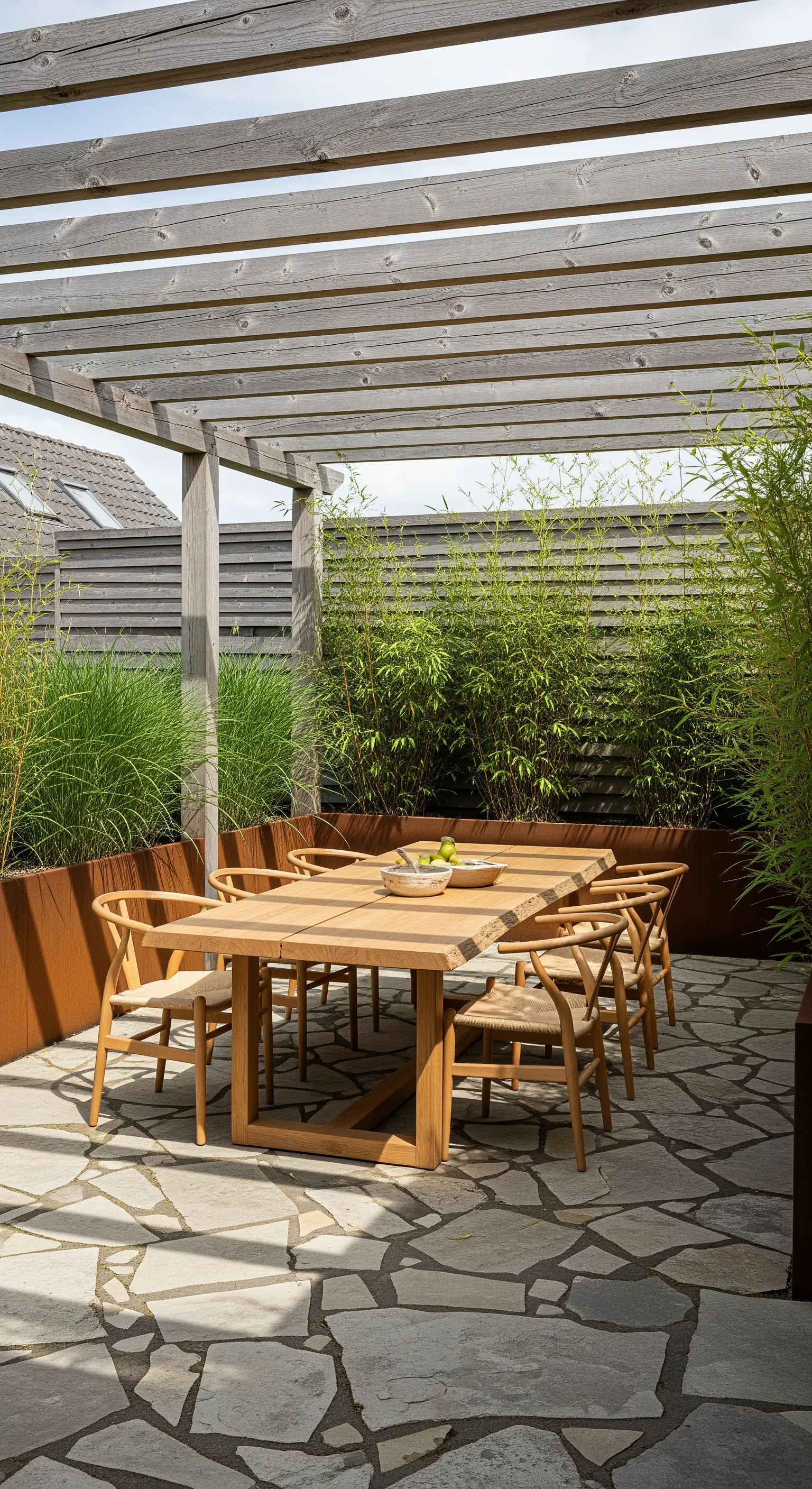 Holzpergola mit Lamellendach über Gartentisch