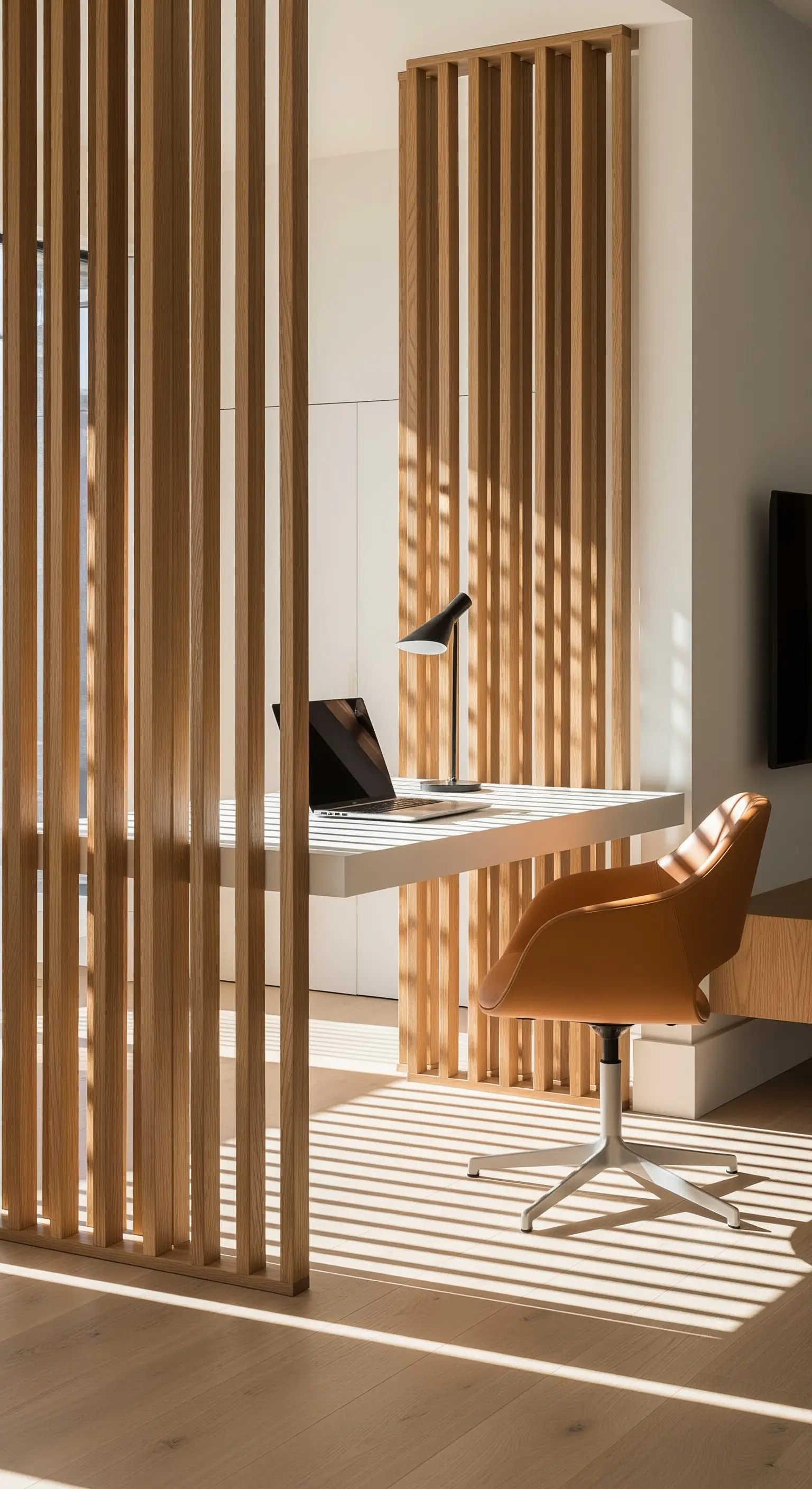 Arbeitsplatz hinter vertikalem Holzlamellen-Raumteiler