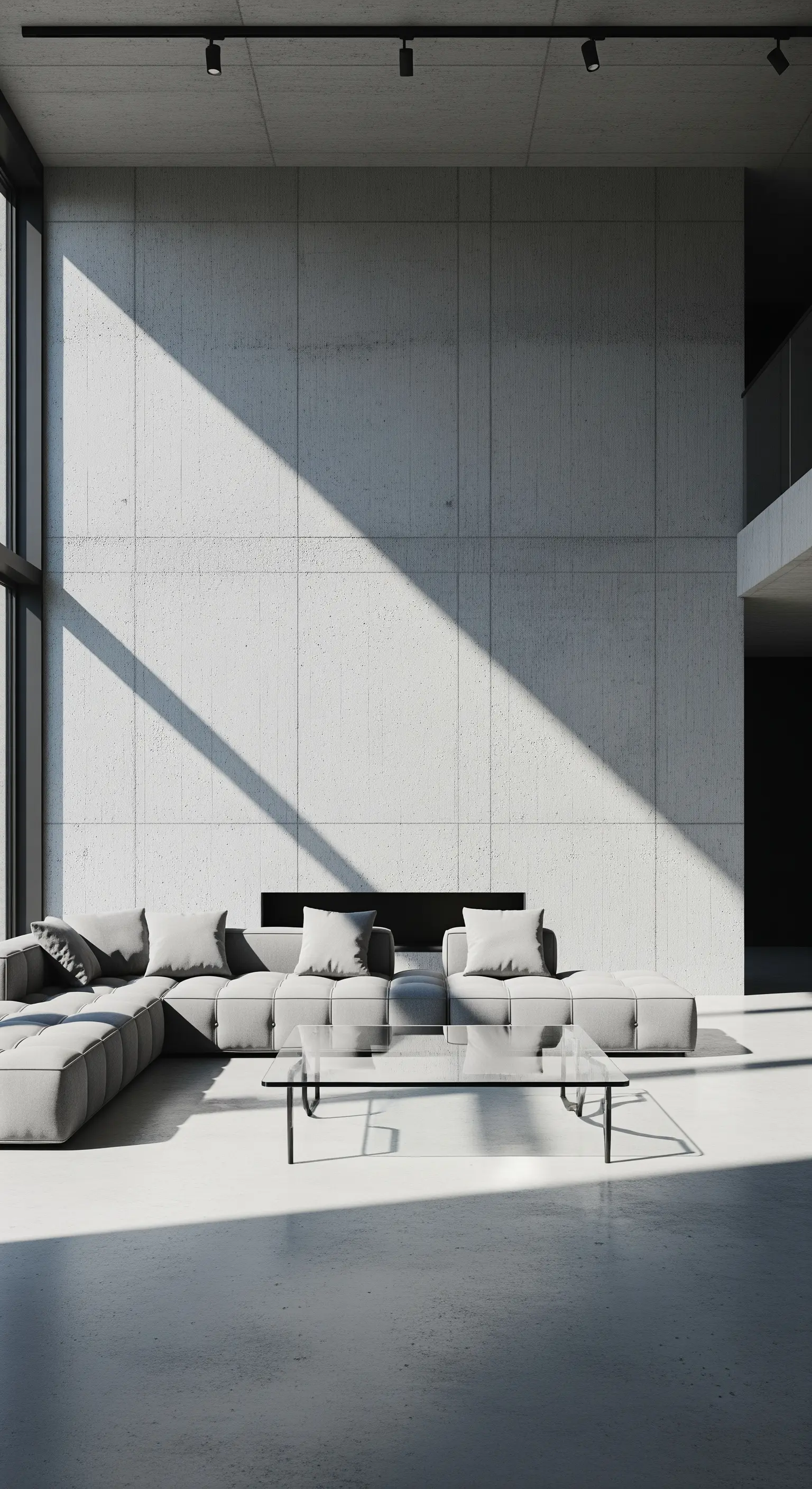 Modernes Wohnzimmer mit Betonwänden und grauel Ecksofa