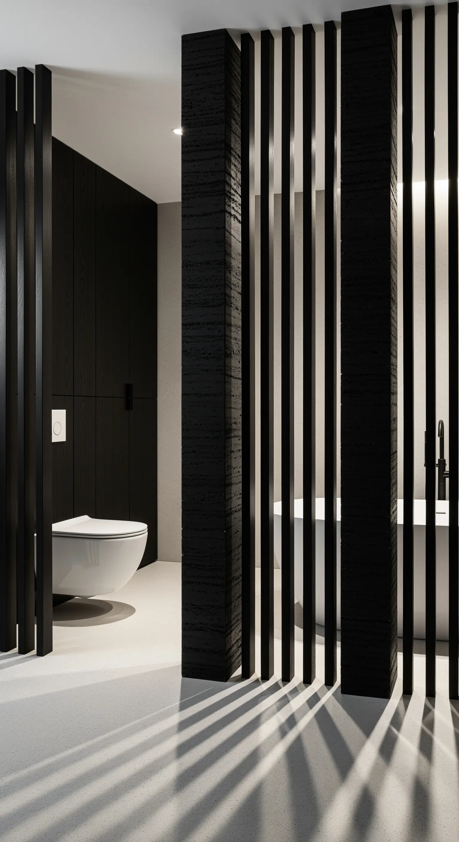 Schwarze Lamellenwand als Raumteiler im modernen Bad