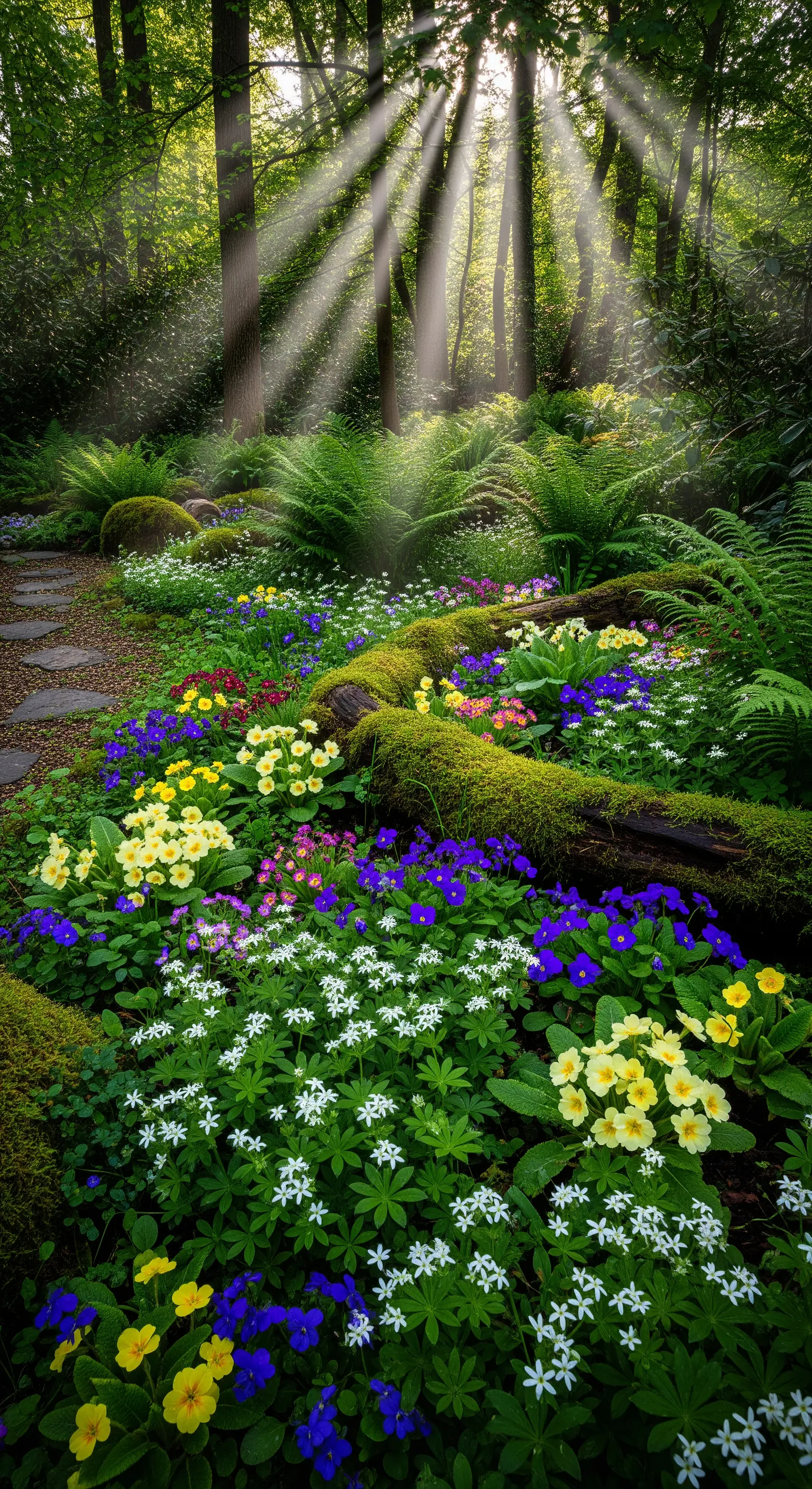 Waldgarten mit Farnen, Primeln und moosbedecktem Baumstamm im Lichtstrahl