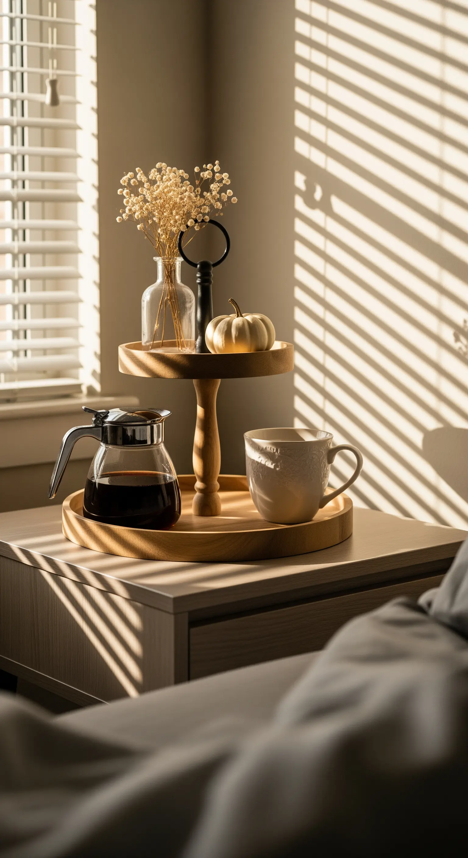 Schlichte Holz-Etagere im Sonnenlicht mit Trockenblumen und Kaffeekanne