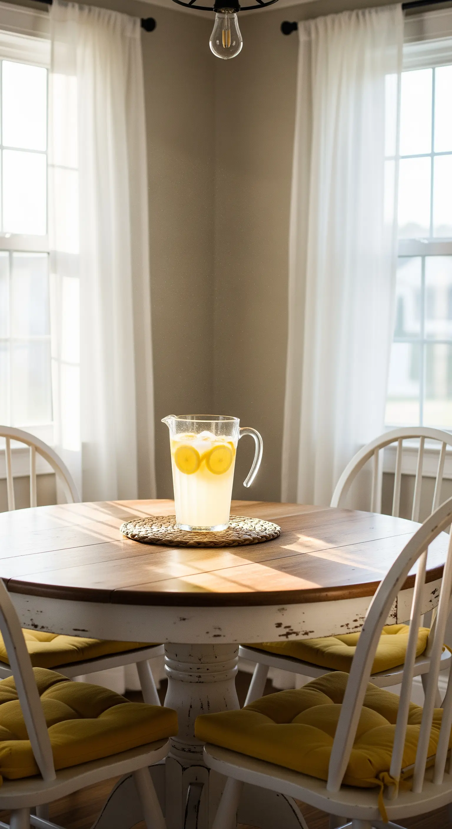 Glaskaraffe mit Limonade auf Holztisch im Sonnenlicht