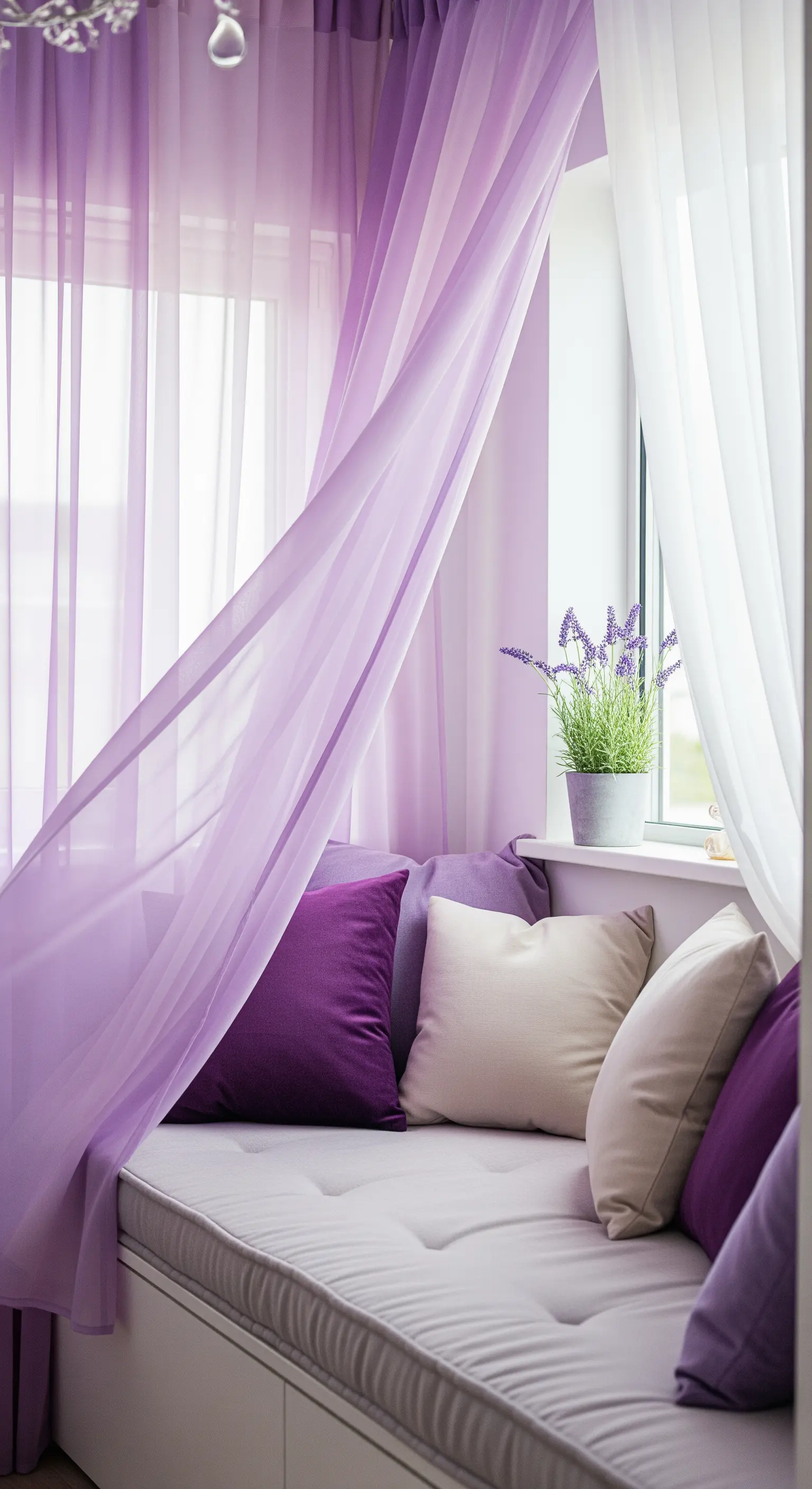 Fenstersitzbank mit fliederfarbenen Vorhängen und Kissen