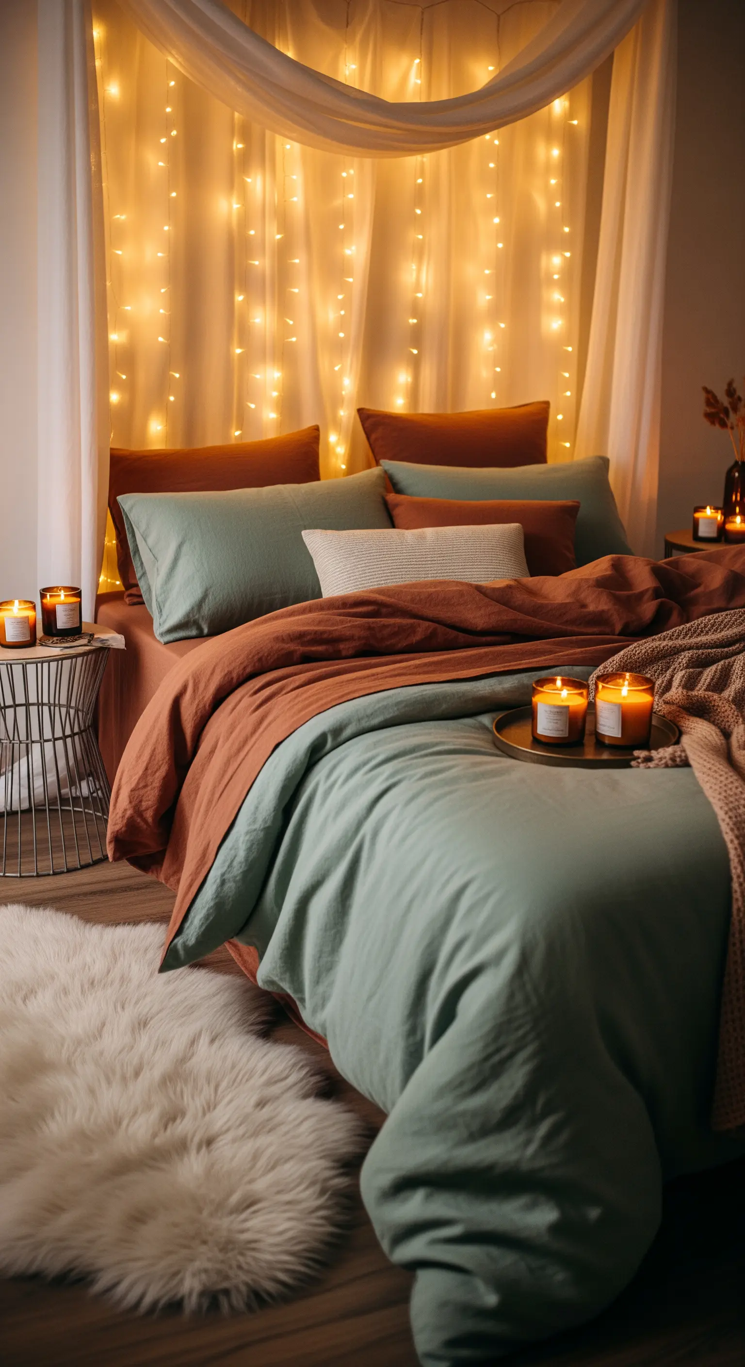 Schlafzimmer mit Lichterketten hinter Vorhang am Kopfende und Bettwäsche in Herbstfarben