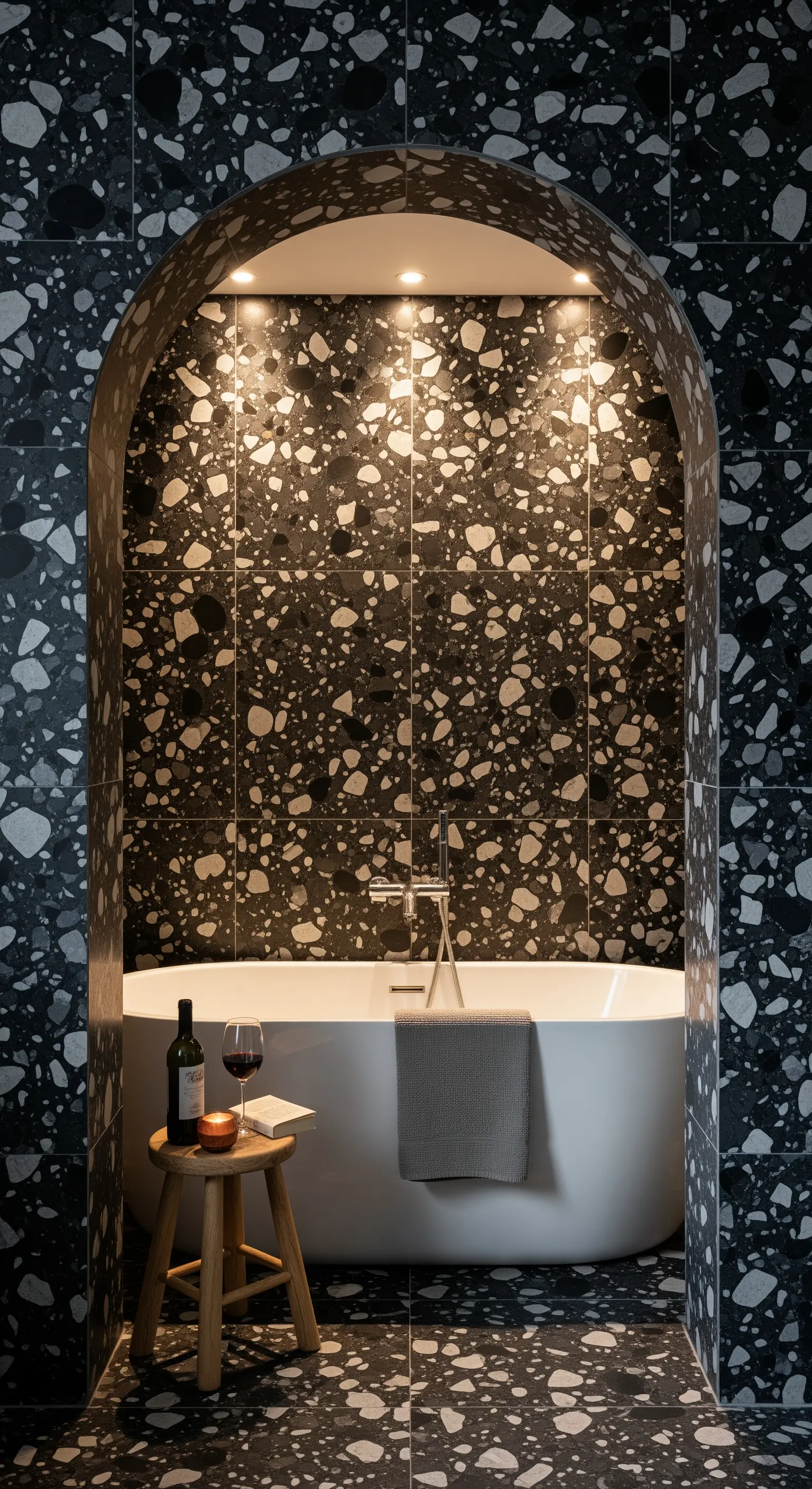Badewanne vor Terrazzo-Wand mit Buch und Wein
