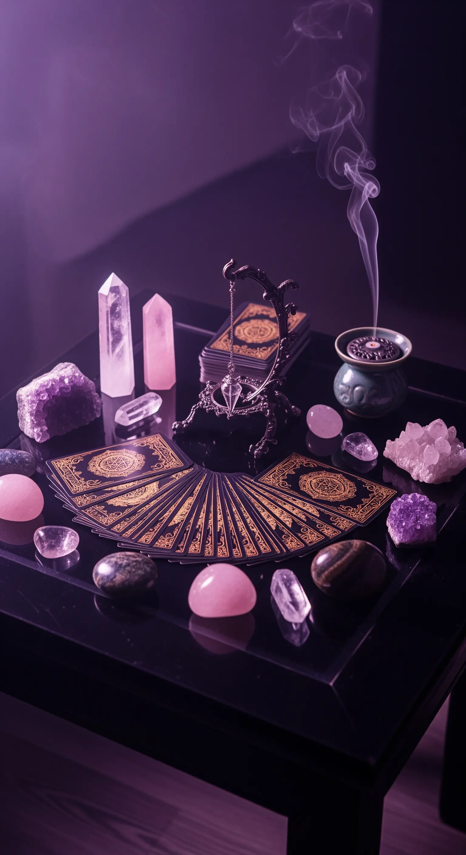 Tarotkarten, Kristalle und Räucherkegel auf schwarzem Tisch