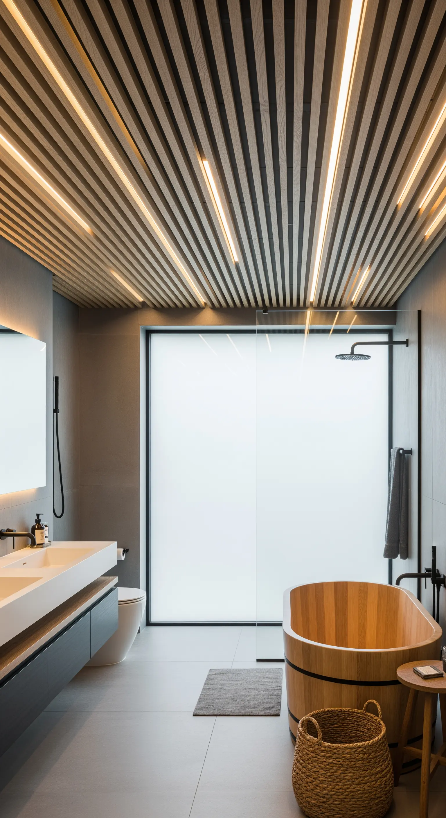 Holzlamellen-Decke im Badezimmer mit integrierten LED-Lichtstreifen