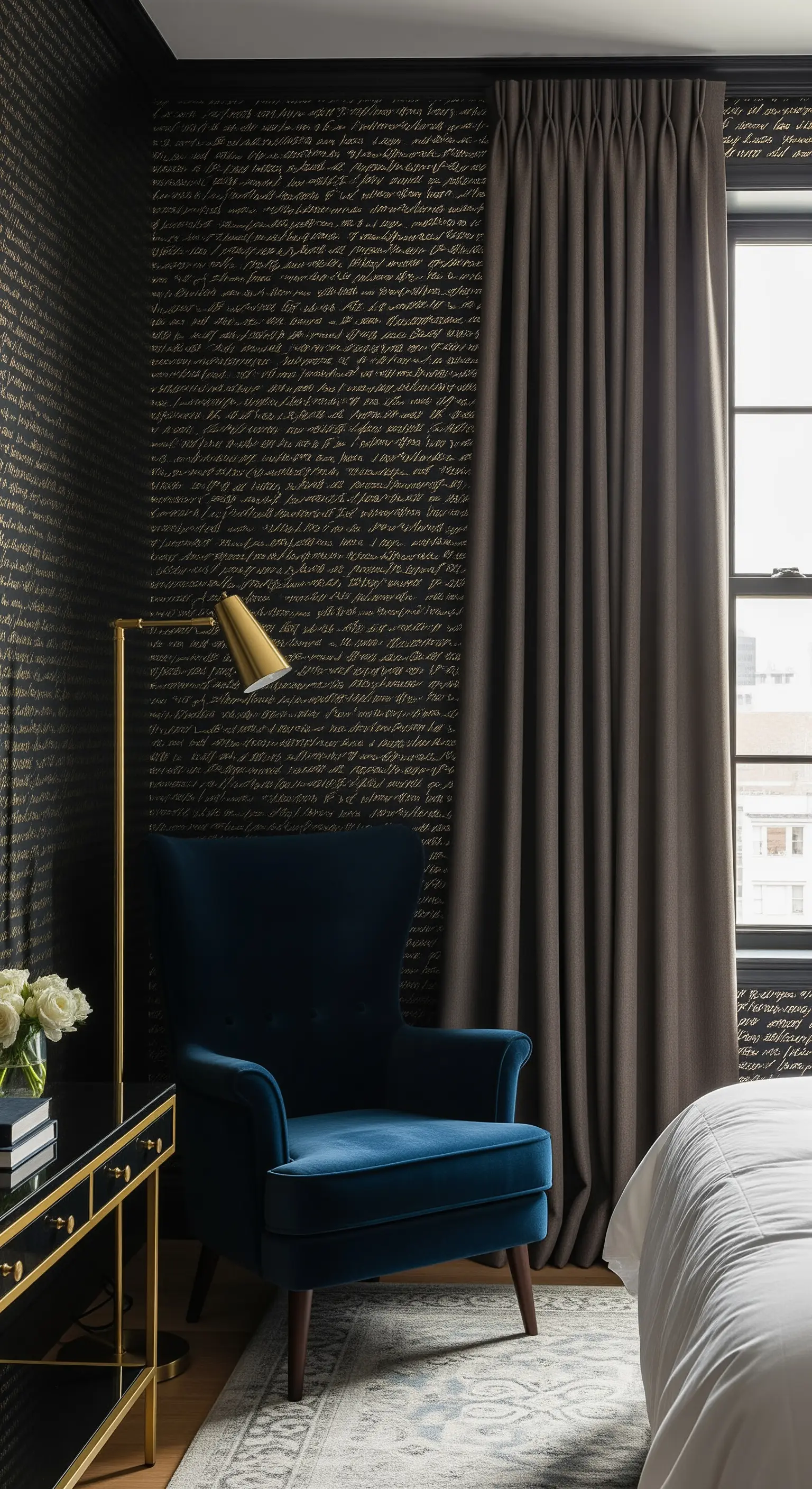 Tapete mit goldener Schrift und blauer Samtsessel