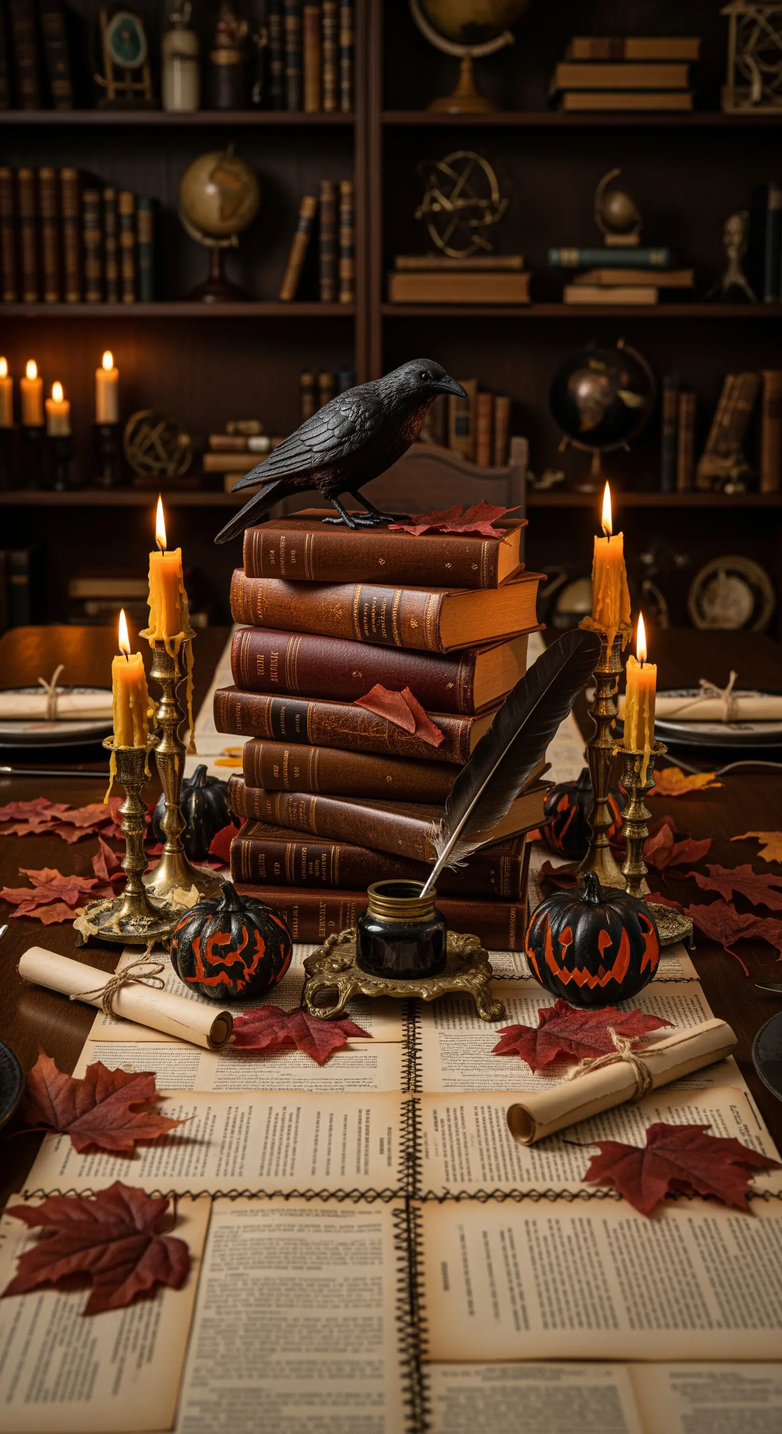 Schwarze Krähe auf Bücherstapel mit antiken Kerzenständern