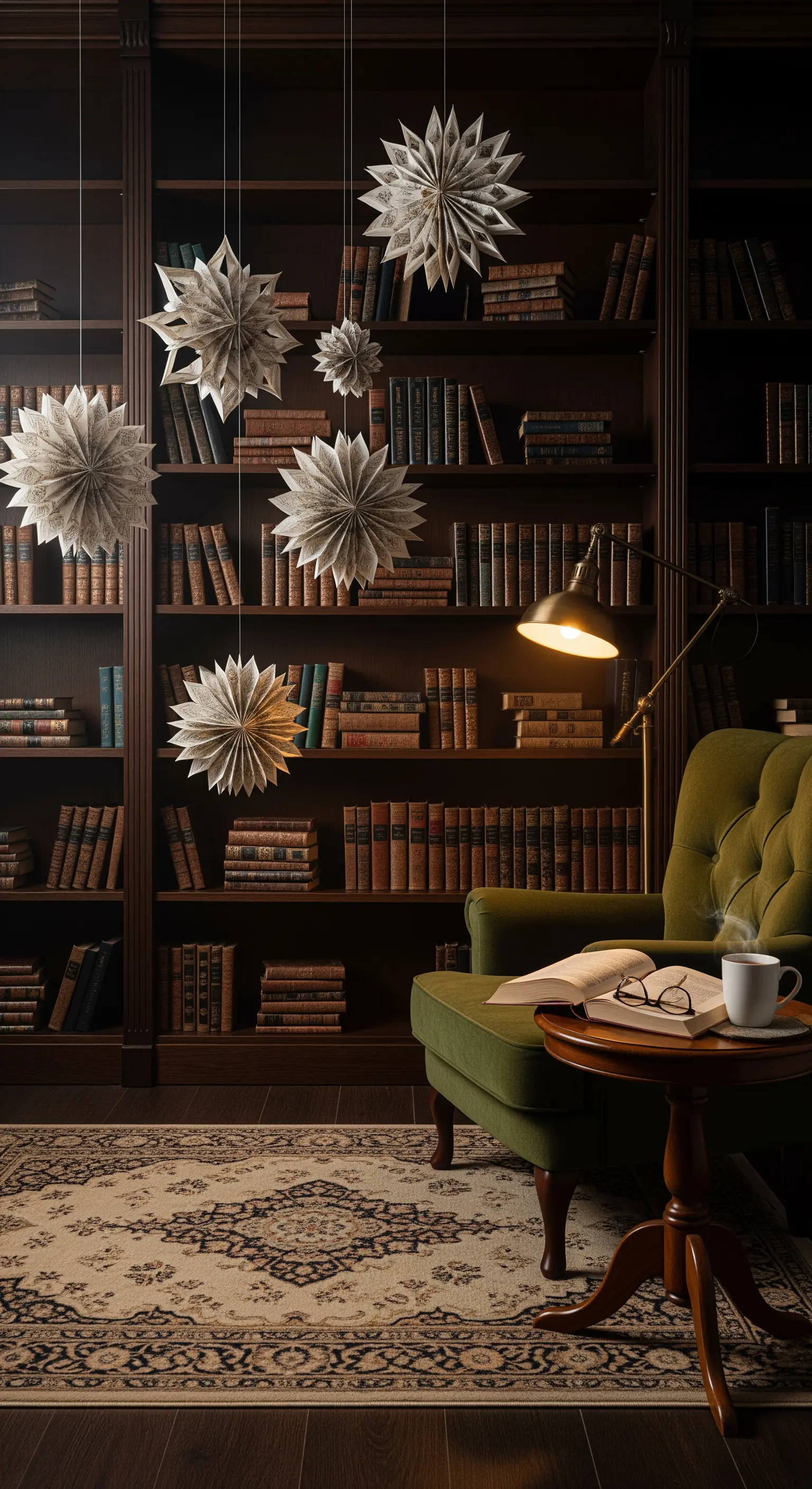 Bücherregal mit davor hängenden Papiersternen