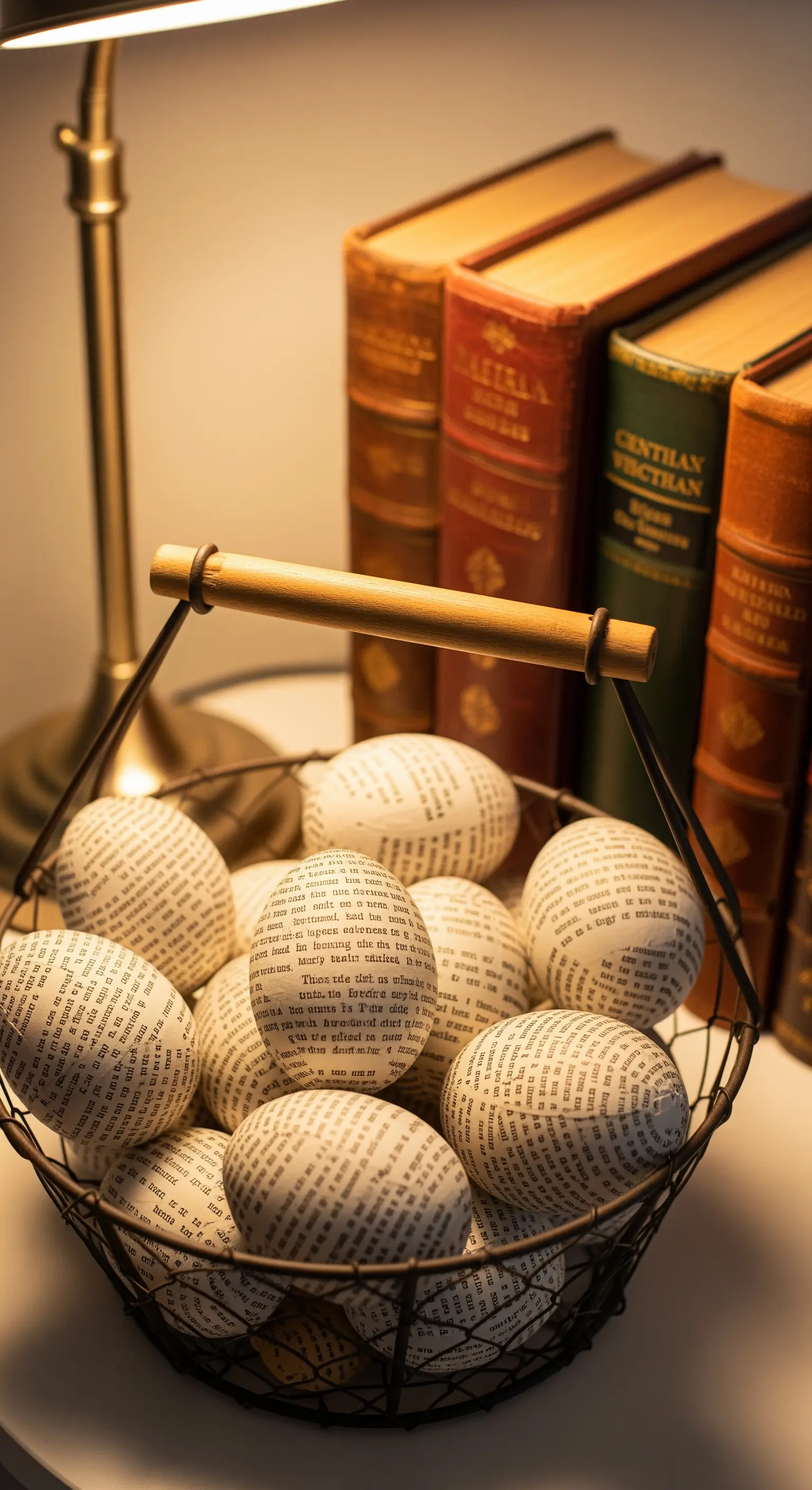 Mit Buchseiten beklebte Eier im Drahtkorb vor Büchern