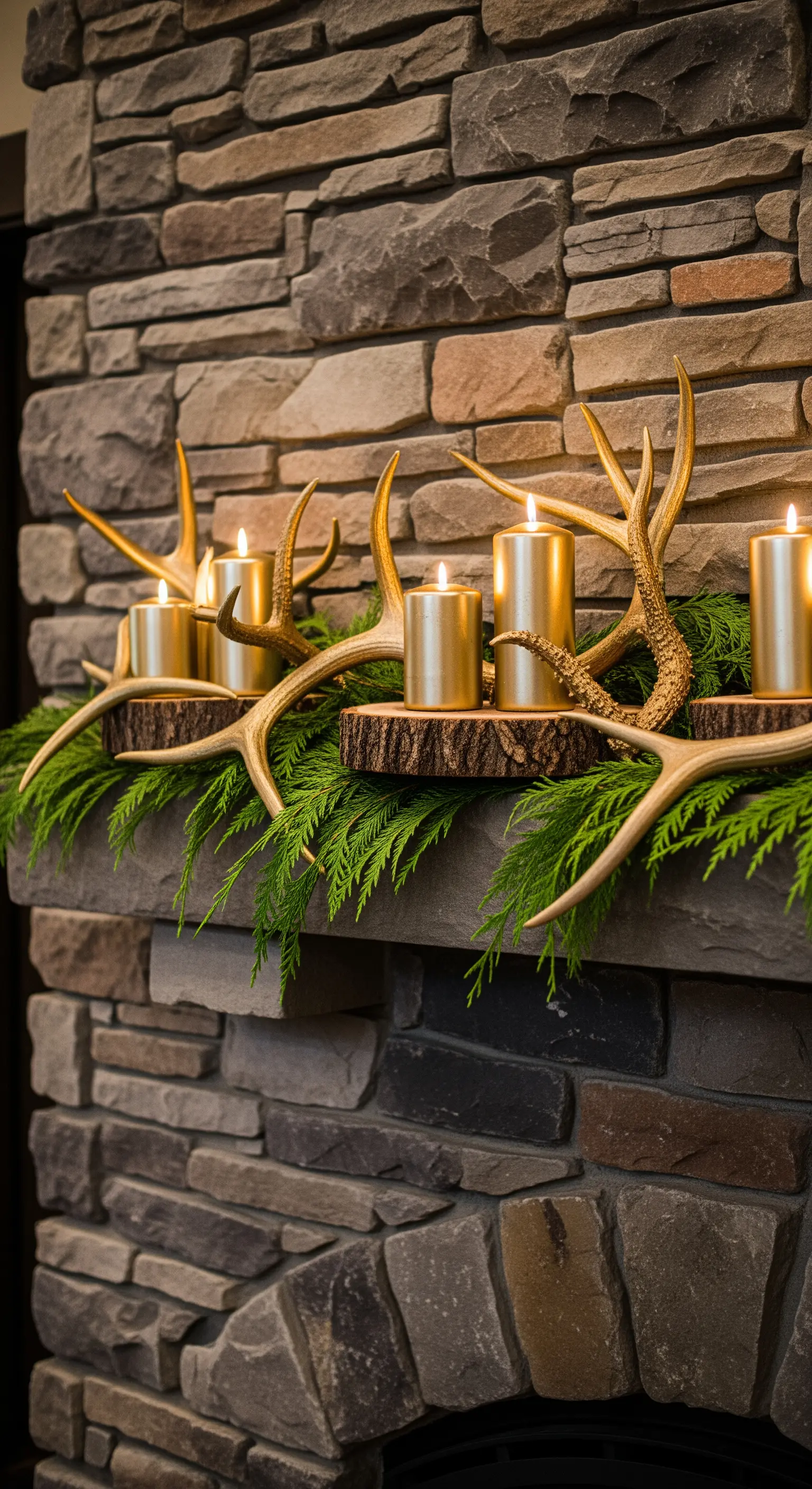 Steinkamin mit goldenen Geweihen, dicken goldenen Stumpenkerzen und Zedernzweigen.