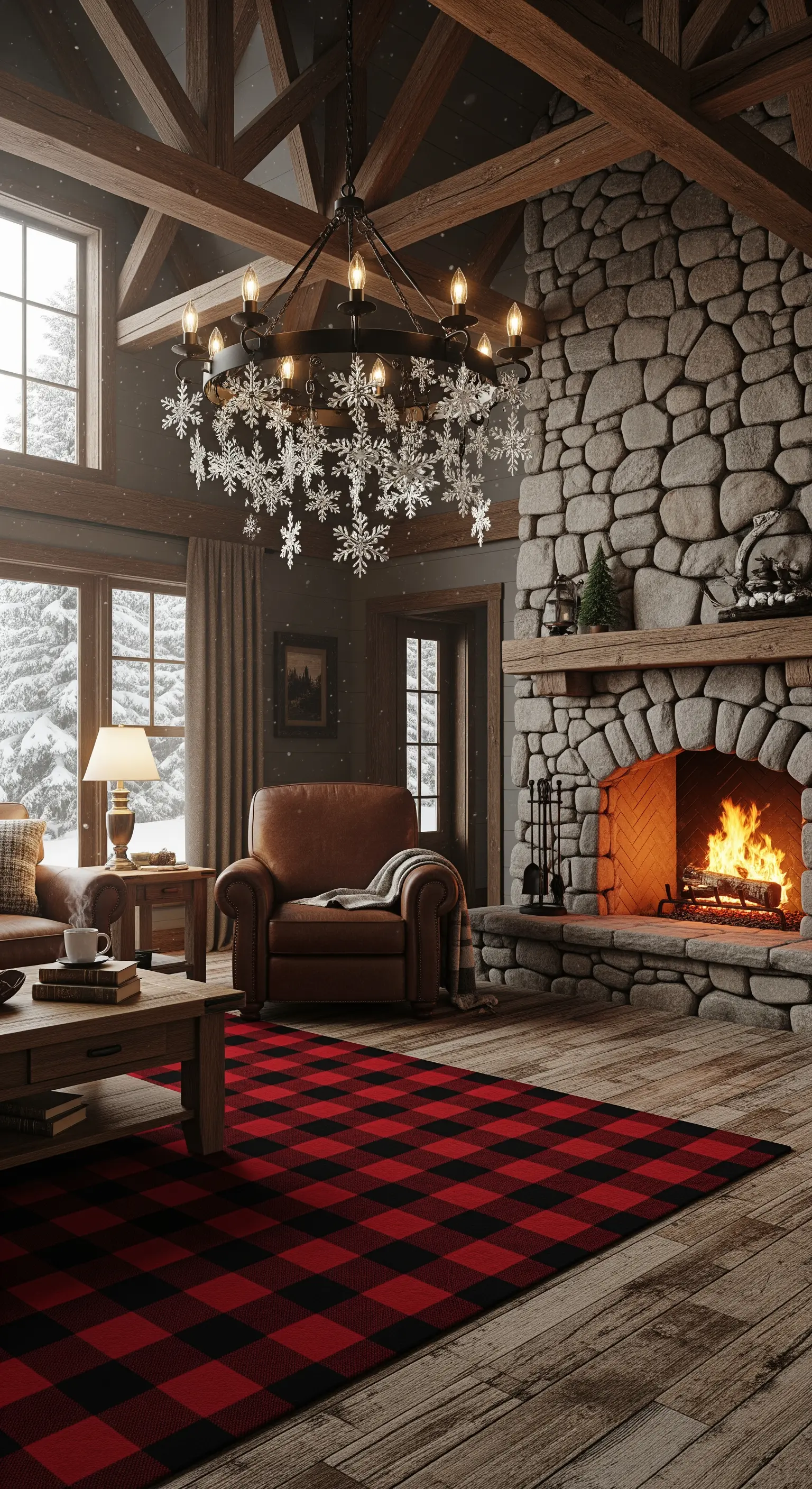Rustikales Wohnzimmer mit Schneeflocken-Kronleuchter