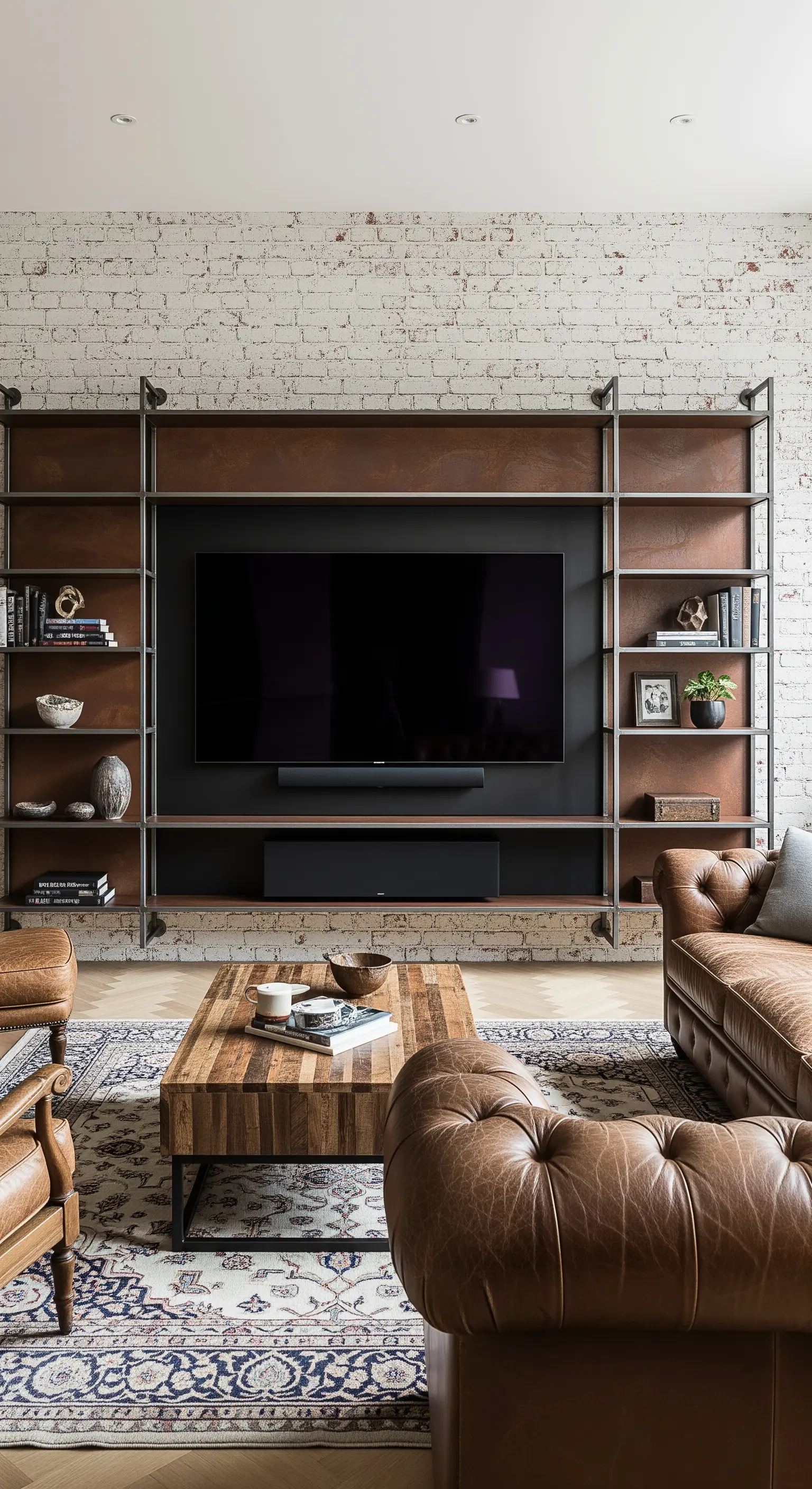 Industrie-Regal aus Stahl vor weißer Ziegelwand