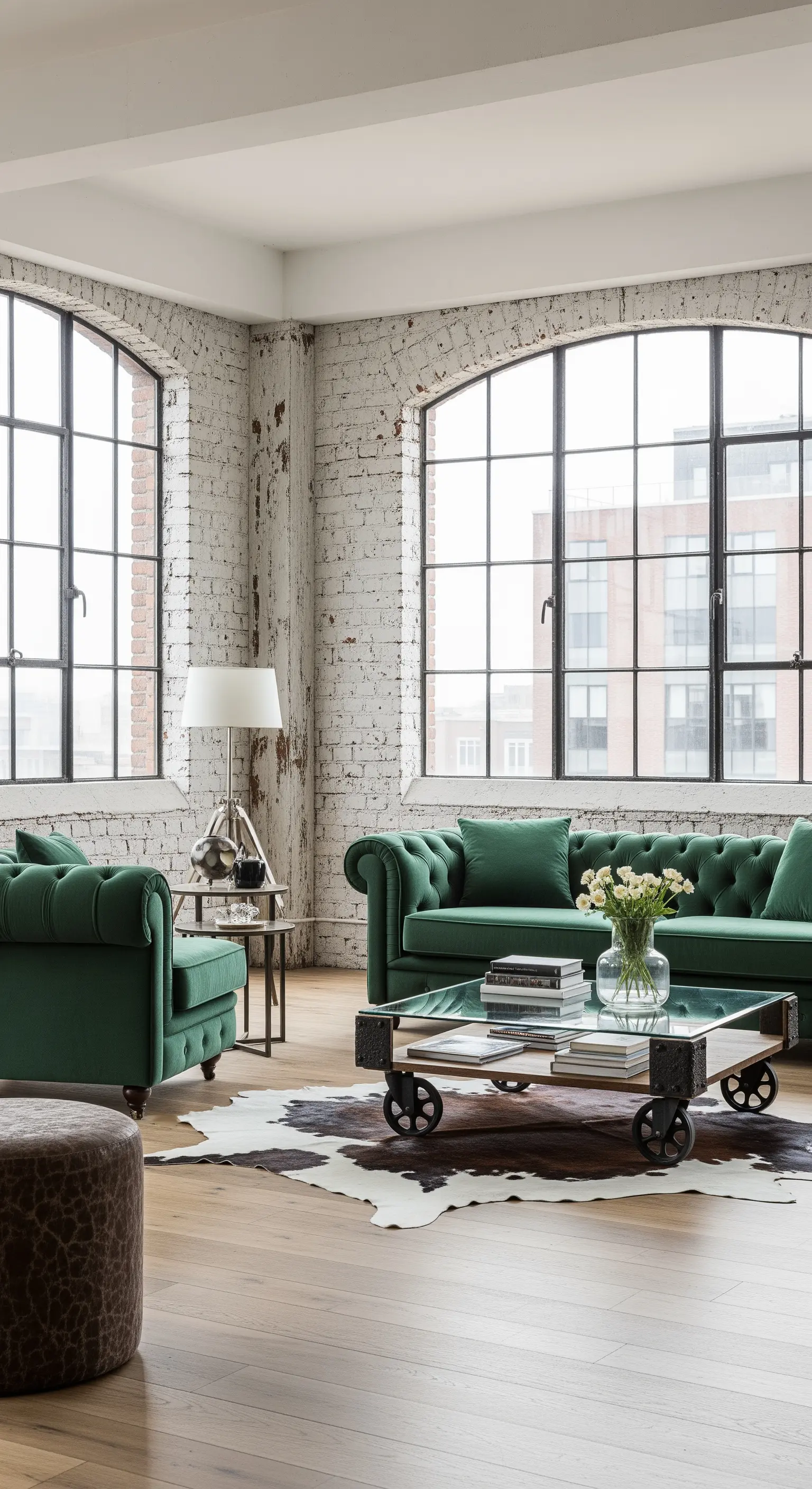 Grüne Samtsofas im Loft mit weißen Backsteinwänden