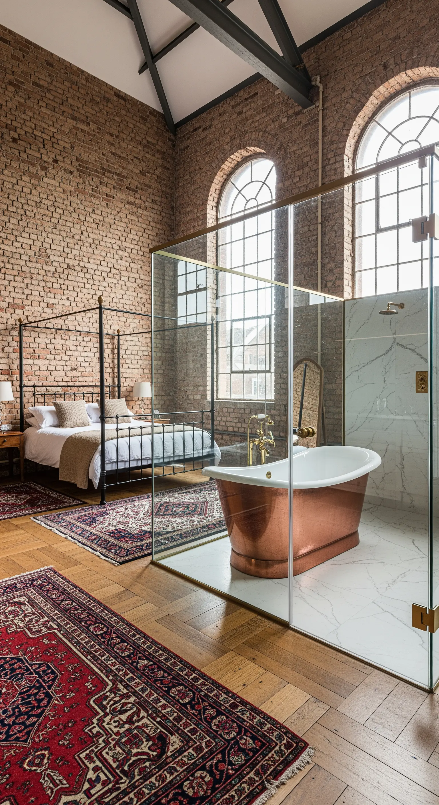 Loft mit Backsteinwand und freistehender Kupferwanne hinter Glas