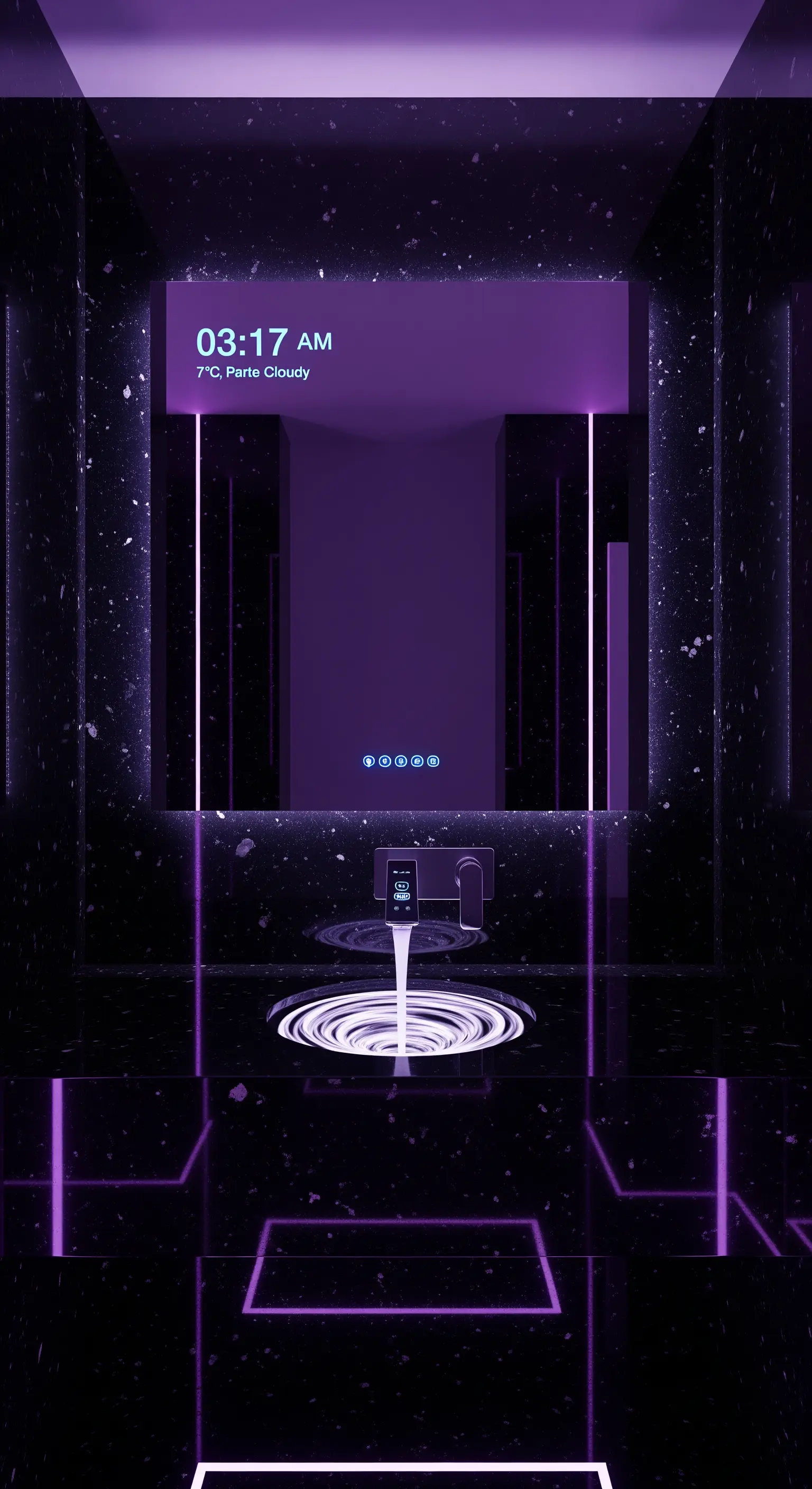 Futuristisches Bad mit lila LED-Beleuchtung und Digitalspiegel