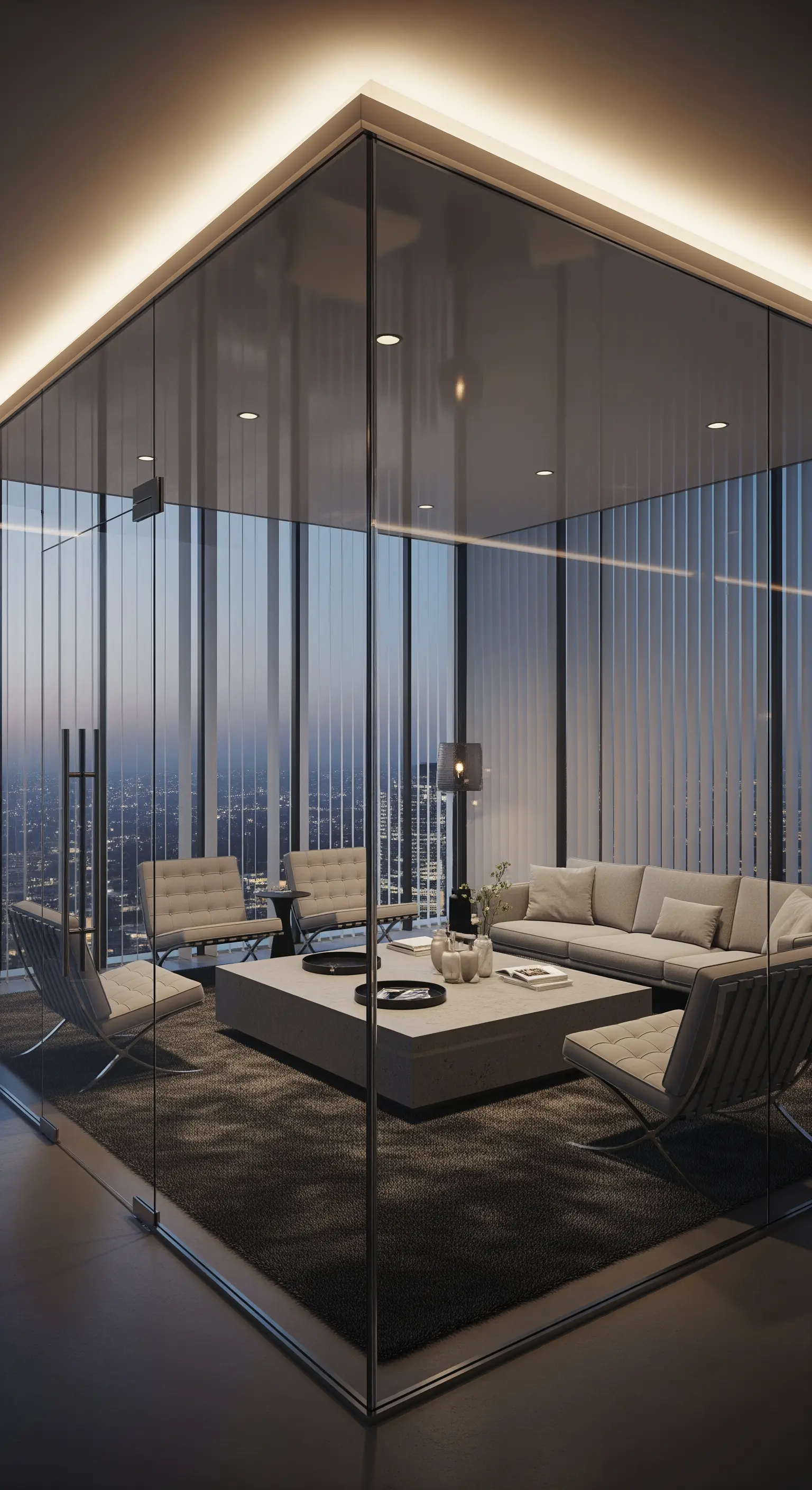 Sitzecke im verglasten Eckzimmer mit Stadtblick bei Dämmerung