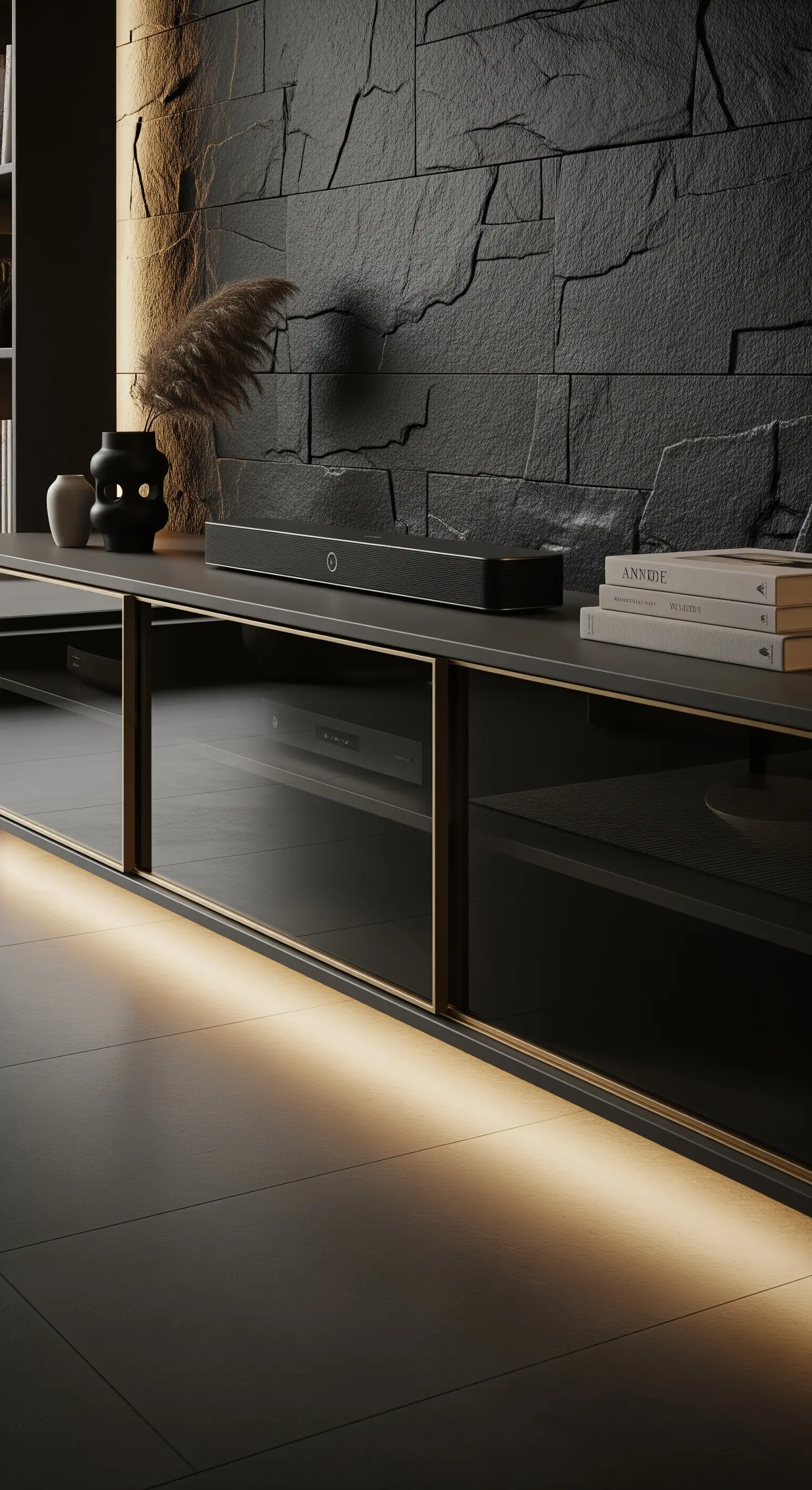 Modernes Lowboard mit Rauchglas und Bodenbeleuchtung