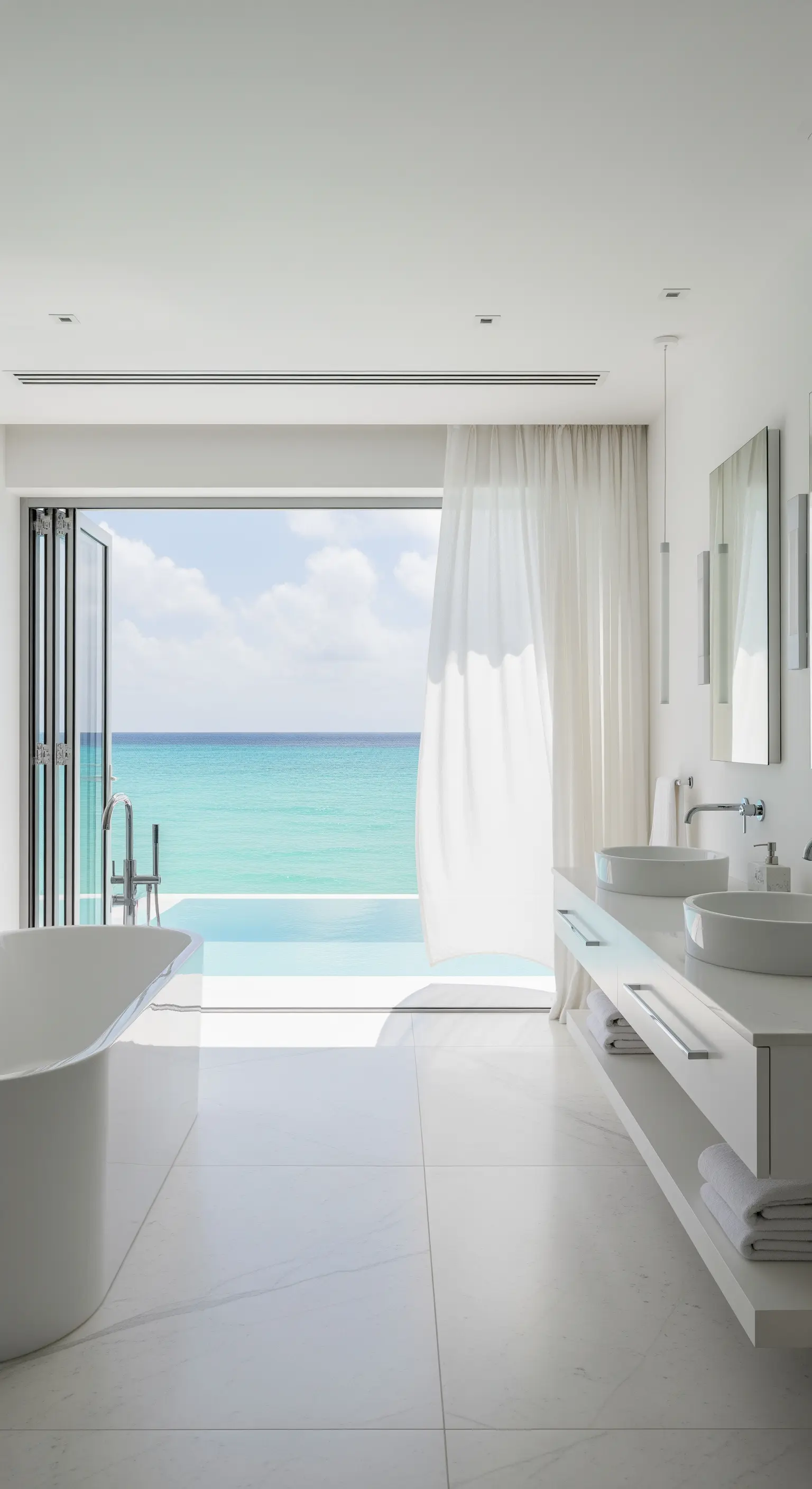 Weißes Badezimmer mit offenen Falttüren zum türkisblauen Meer
