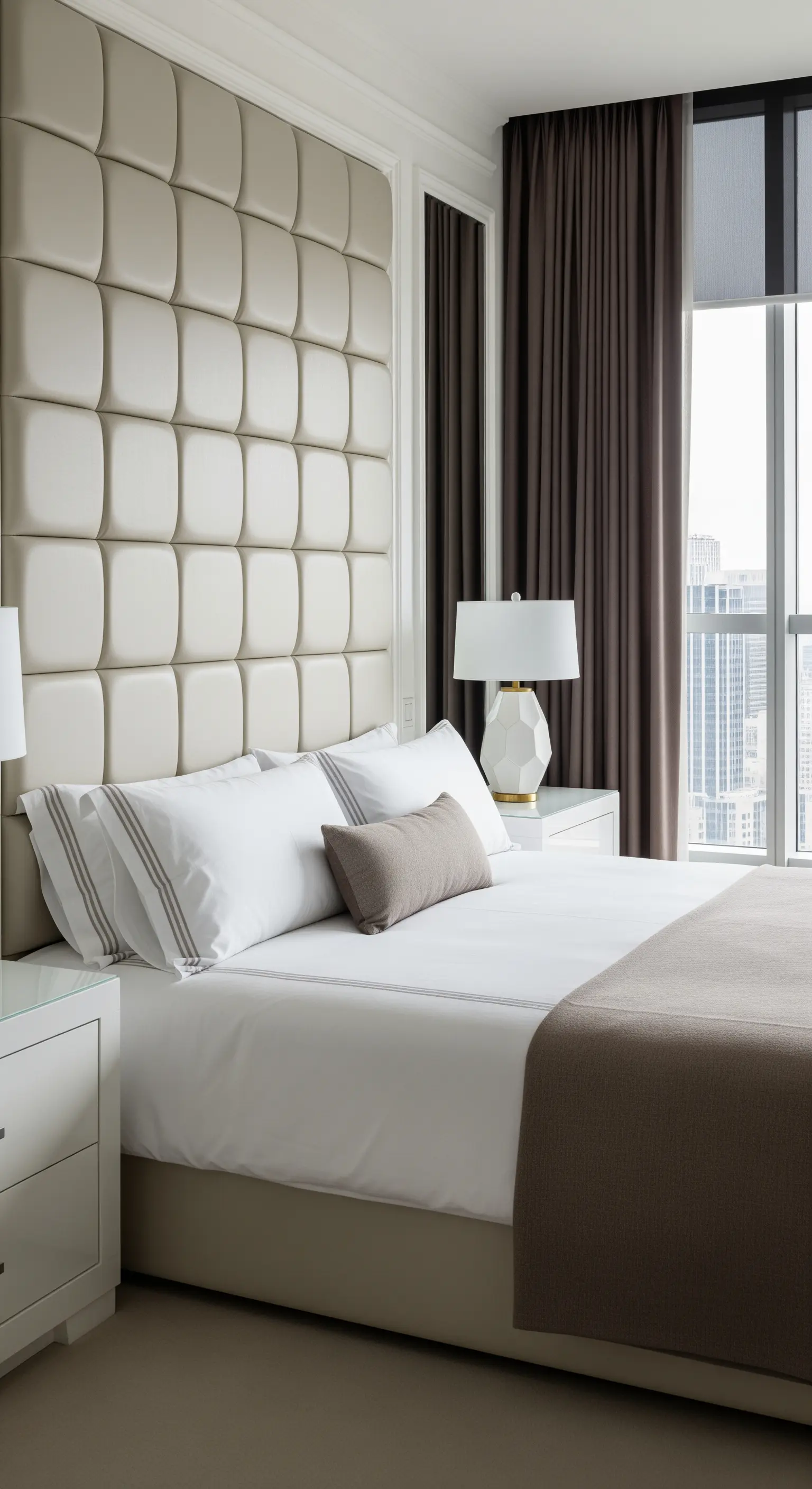 Helles Schlafzimmer mit gepolsterter Wandpaneele