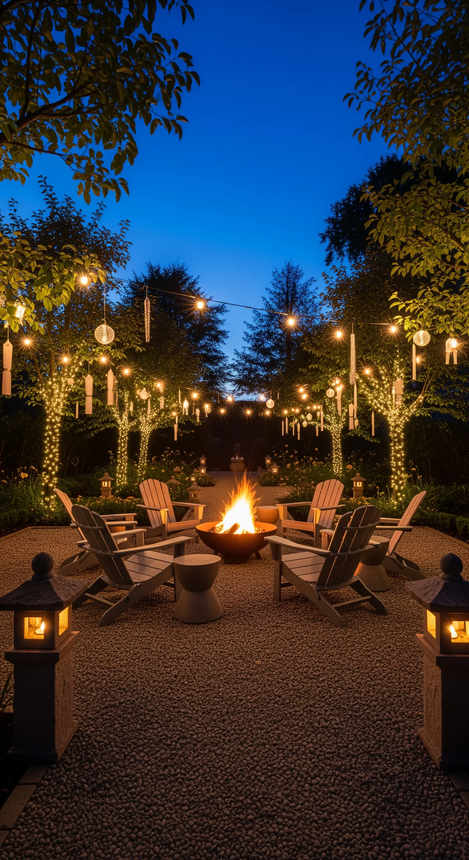 Abendstimmung im Garten mit vielen Lichterketten und Feuerstelle