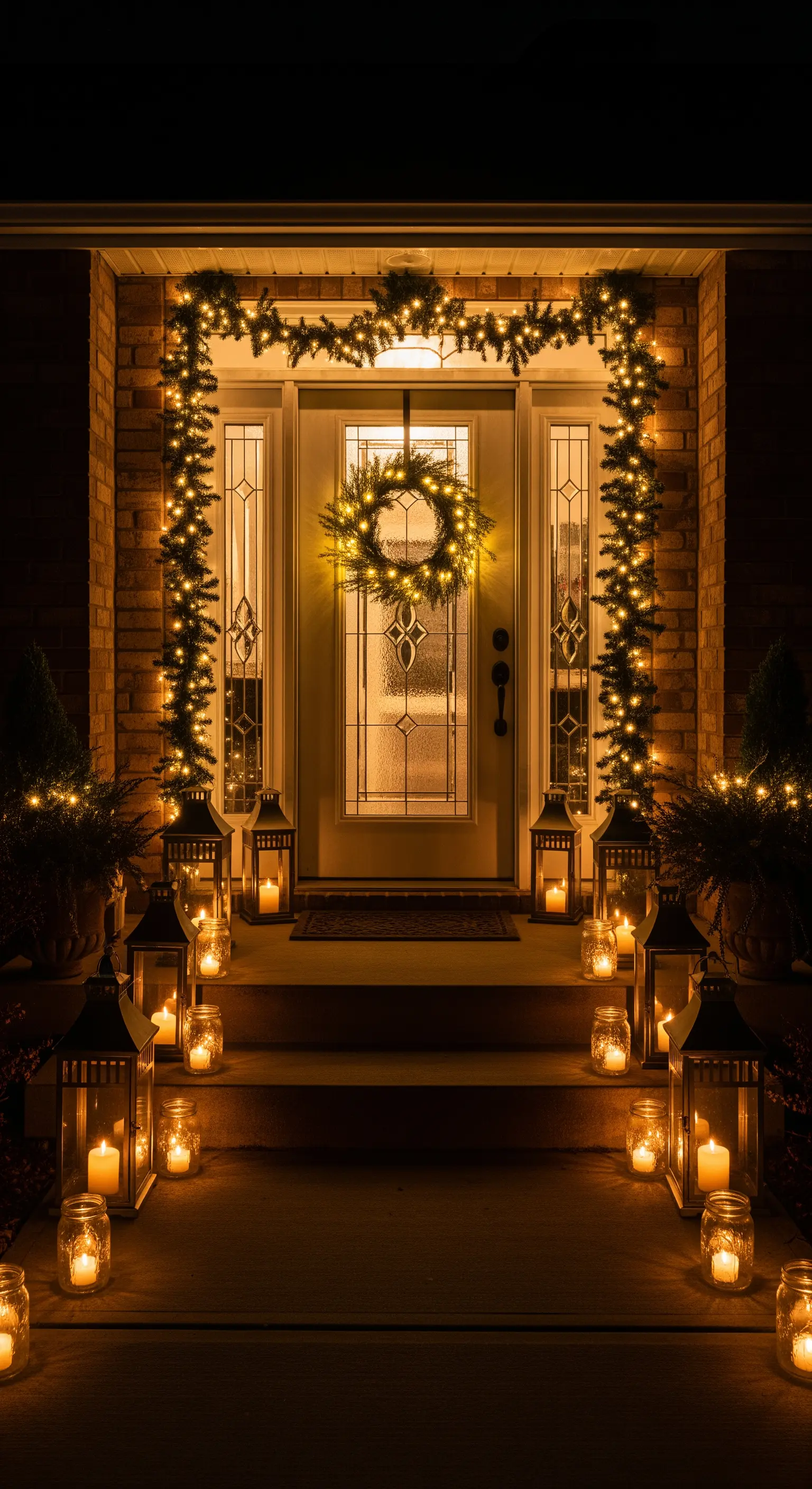 Eingang bei Nacht mit beleuchteter Girlande und Kranz
